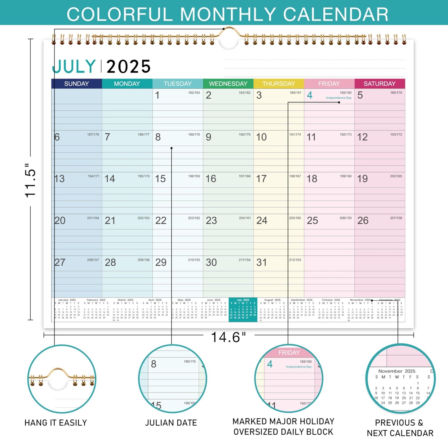 2025 Calendar - Wall Calendar 2025, Jan. 2025 - Dec. 2025, 12 Monthly Calendar with Thick Paper, 15" x 11.5", Hanging Hook - Colorful Lump - FocusAid Essentials: Empowering ADHD Living