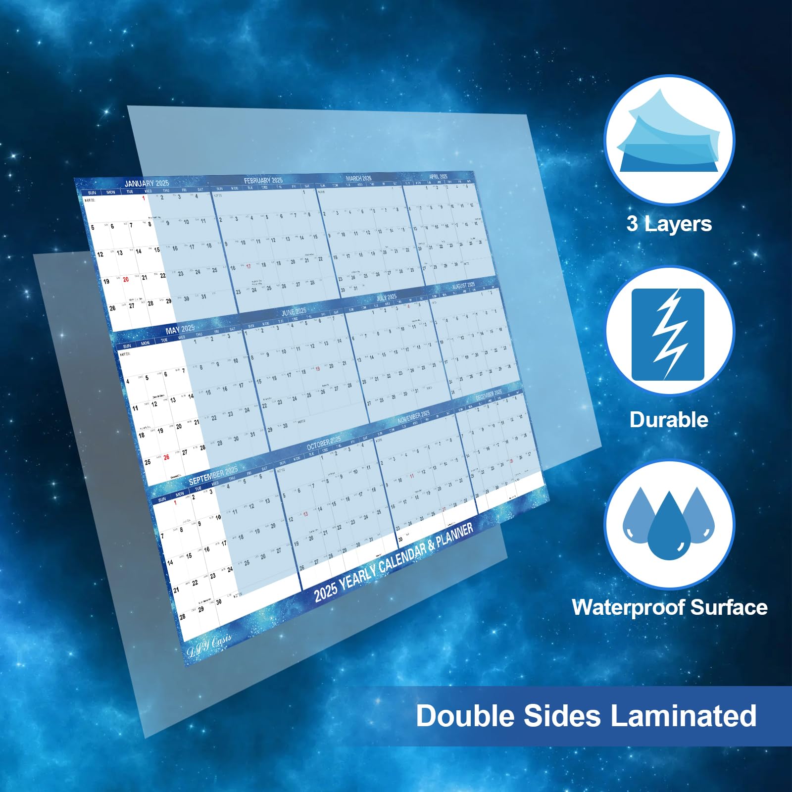 32" x 48" 2025 Wall Calendar Dry Erase - Large Blue Starry Sky Calendar Wet & Dry Erasable Laminated 12 Month Annual Yearly Planner, Reversible, Horizontal/Vertical (2025 Wall Calendar) - FocusAid Essentials: Empowering ADHD Living