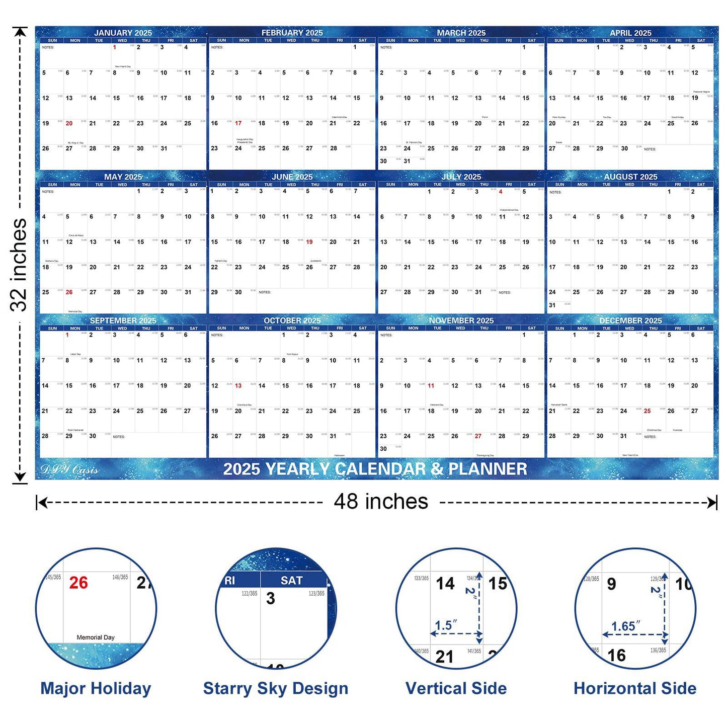 32" x 48" 2025 Wall Calendar Dry Erase - Large Blue Starry Sky Calendar Wet & Dry Erasable Laminated 12 Month Annual Yearly Planner, Reversible, Horizontal/Vertical (2025 Wall Calendar) - FocusAid Essentials: Empowering ADHD Living