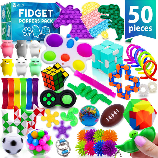 50 Pcs Fidget Toys Pack - Stocking Stuffers for Kids, Gifts for Kids, Party Favors - Adults Stress Relief Sensory Toy - ADHD Toys Bulk for Classroom Treasure Box Prizes - Pop Its - FocusAid Essentials: Empowering ADHD Living