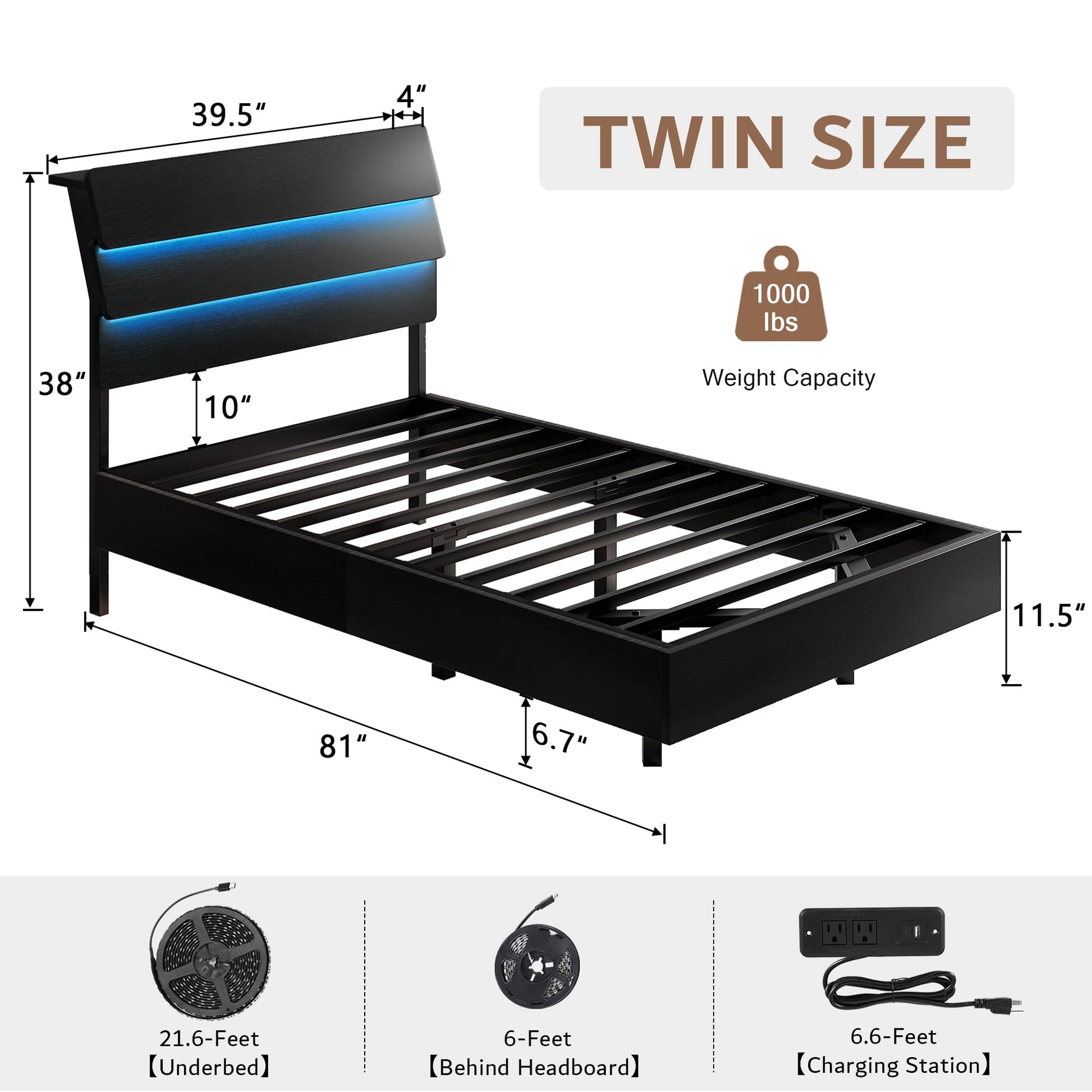 iPormis Floating Twin Bed Frame with LED Lights & Charging Station, Platform Bed with Wooden Storage Headboard, Steel Slats Support, No Box Spring Needed, Easy Assembly, Noise-Free, Black - FocusAid Essentials: Empowering ADHD Living