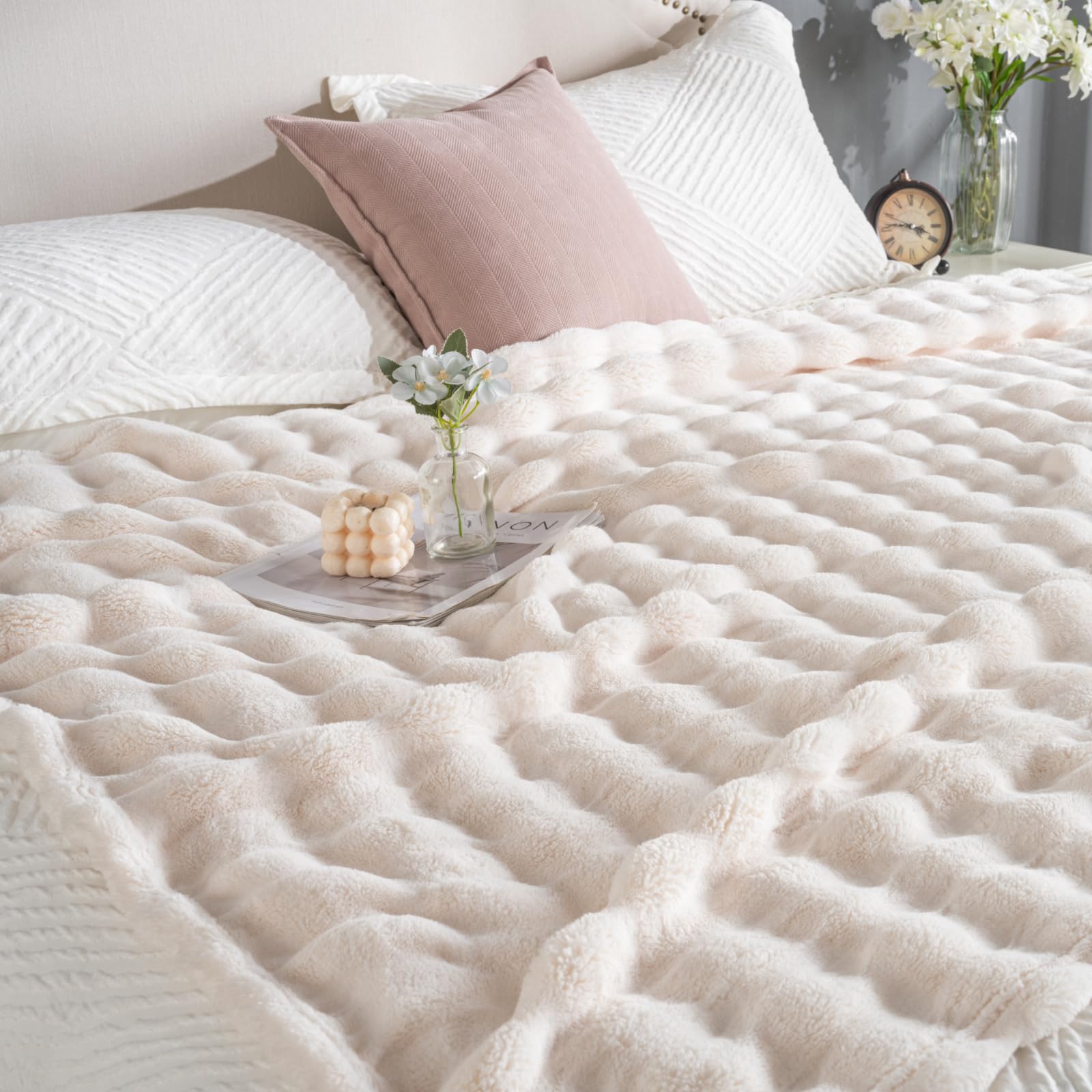 Off White Faux Fur Throw Blanket for Couch, Soft Fluffy Bubble Blanket for Bed Sofa, Thick Warm Plush Fuzzy Rabbit Fur Blanket for Fall and Winter, 50"X 60" - FocusAid Essentials: Empowering ADHD Living