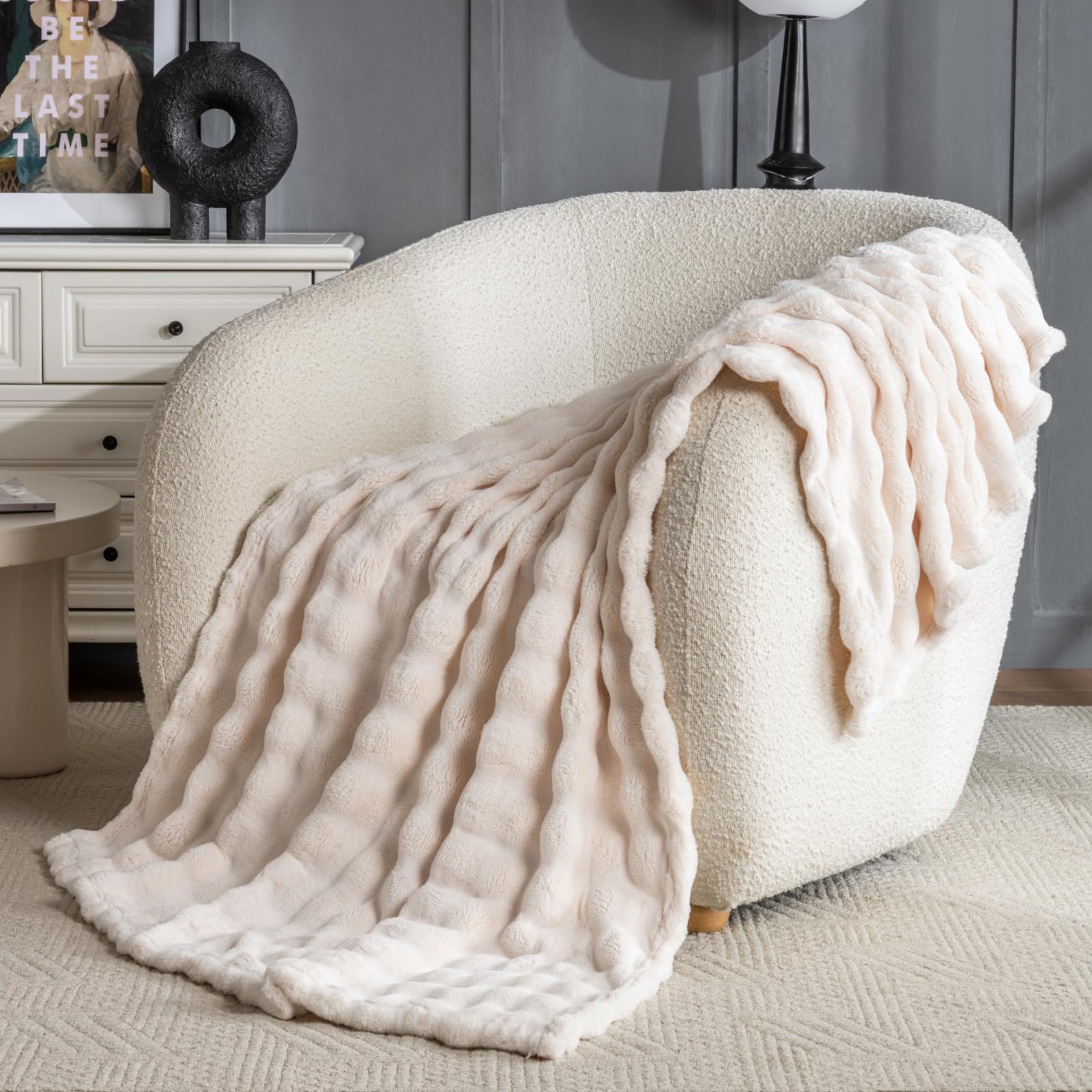 Off White Faux Fur Throw Blanket for Couch, Soft Fluffy Bubble Blanket for Bed Sofa, Thick Warm Plush Fuzzy Rabbit Fur Blanket for Fall and Winter, 50"X 60" - FocusAid Essentials: Empowering ADHD Living