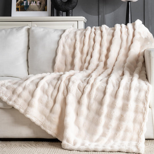 Off White Faux Fur Throw Blanket for Couch, Soft Fluffy Bubble Blanket for Bed Sofa, Thick Warm Plush Fuzzy Rabbit Fur Blanket for Fall and Winter, 50"X 60" - FocusAid Essentials: Empowering ADHD Living