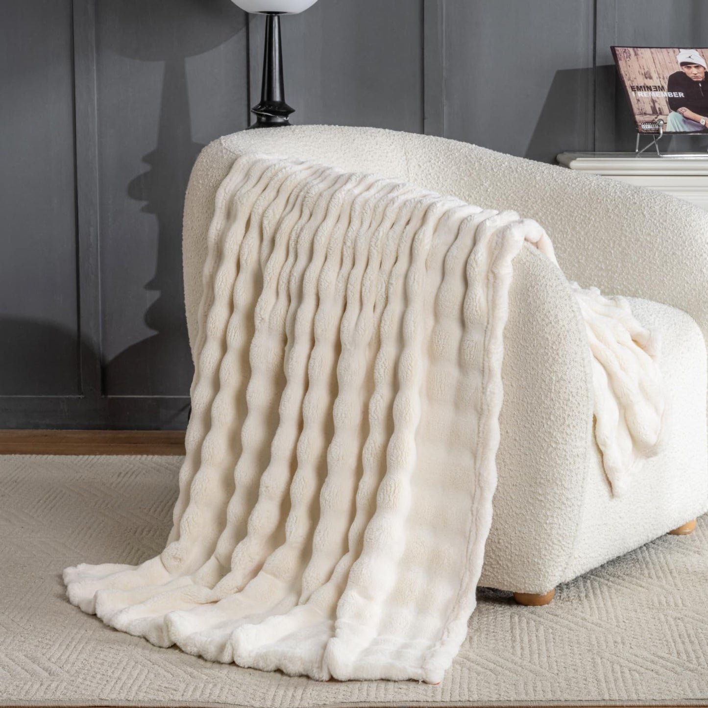 Off White Faux Fur Throw Blanket for Couch, Soft Fluffy Bubble Blanket for Bed Sofa, Thick Warm Plush Fuzzy Rabbit Fur Blanket for Fall and Winter, 50"X 60" - FocusAid Essentials: Empowering ADHD Living