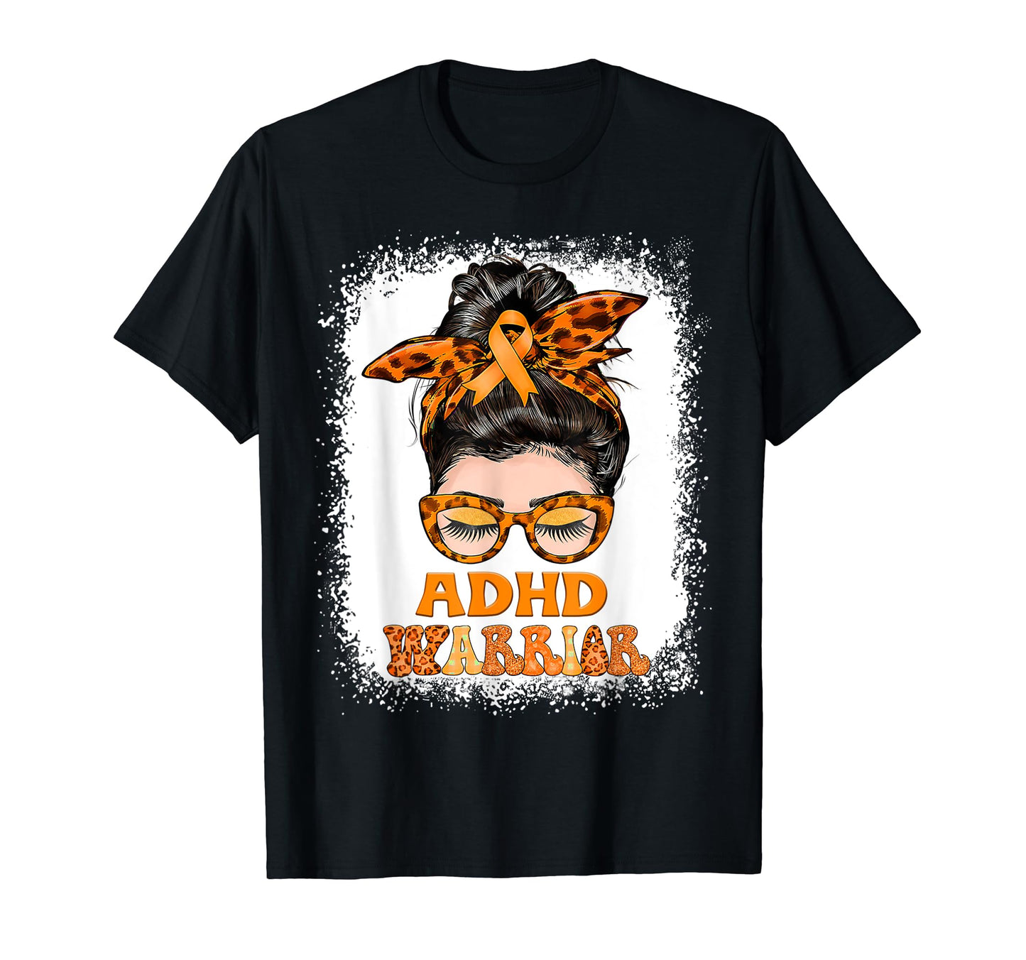 ADHD Awareness Messy Bun Orange Ribbon Leopard ADHD Warrior T-Shirt - FocusAid Essentials: Empowering ADHD Living