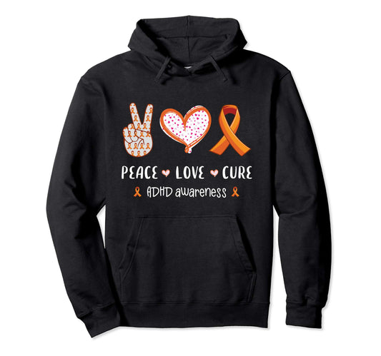 "Peace, Love, Cure - ADHD Awareness" Pullover Hoodie - FocusAid Essentials: Empowering ADHD Living