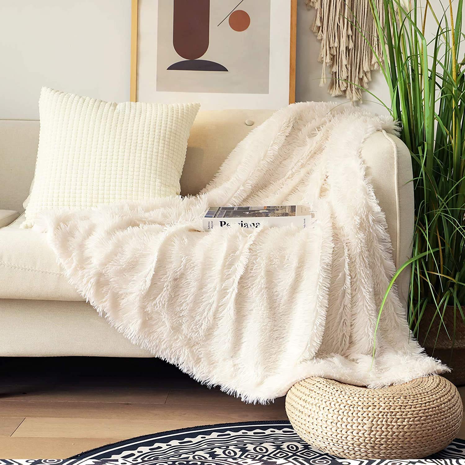 Tuddrom Decorative Extra Soft Fuzzy Faux Fur Throw Blanket 50" x 60",Solid Reversible Long Hair Shaggy Blanket,Fluffy Cozy Plush Comfy Microfiber Fleece Blankets for Couch Sofa Bedroom,Cream White - FocusAid Essentials: Empowering ADHD Living