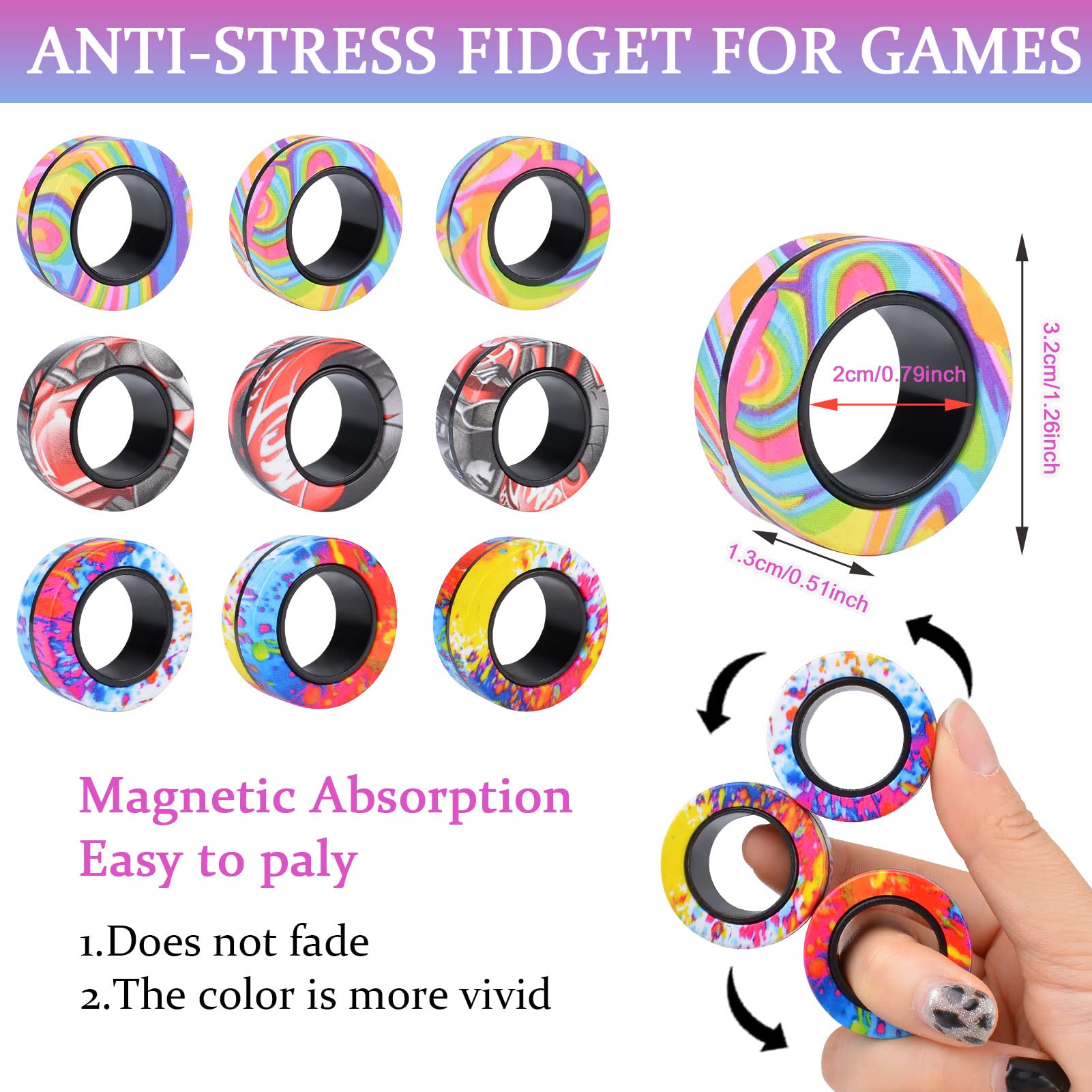 9Pcs Magnetic Rings Fidget Toy Set, ADHD Anxiety Magnetic Fidget Toys Adults Fidget Spinner Rings for Relief, Gifts for 8+ Year Old Teen Boy Girl - FocusAid Essentials: Empowering ADHD Living