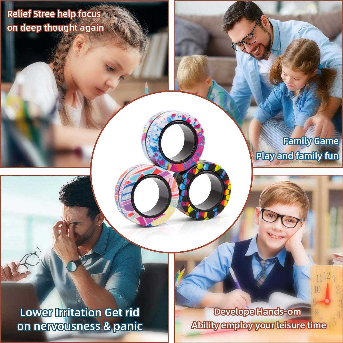 9Pcs Magnetic Rings Fidget Toys Adult Set, Idea ADHD Fidget Stress Toy Pack,Fidget Spinner Rings for Anxiety Relief Therapy Toys for Boy and Girl Ages 8 - 13,Teens Gift Easter Basket Stuffers - FocusAid Essentials: Empowering ADHD Living