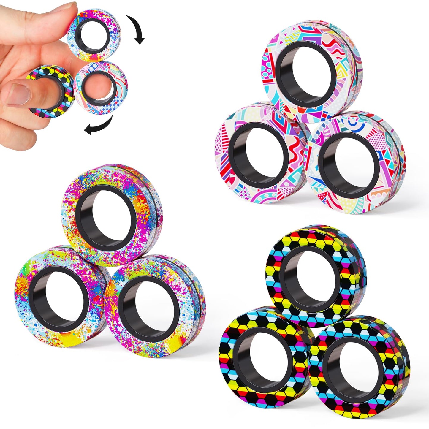 9Pcs Magnetic Rings Fidget Toys Adult Set, Idea ADHD Fidget Stress Toy Pack,Fidget Spinner Rings for Anxiety Relief Therapy Toys for Boy and Girl Ages 8 - 13,Teens Gift Easter Basket Stuffers - FocusAid Essentials: Empowering ADHD Living