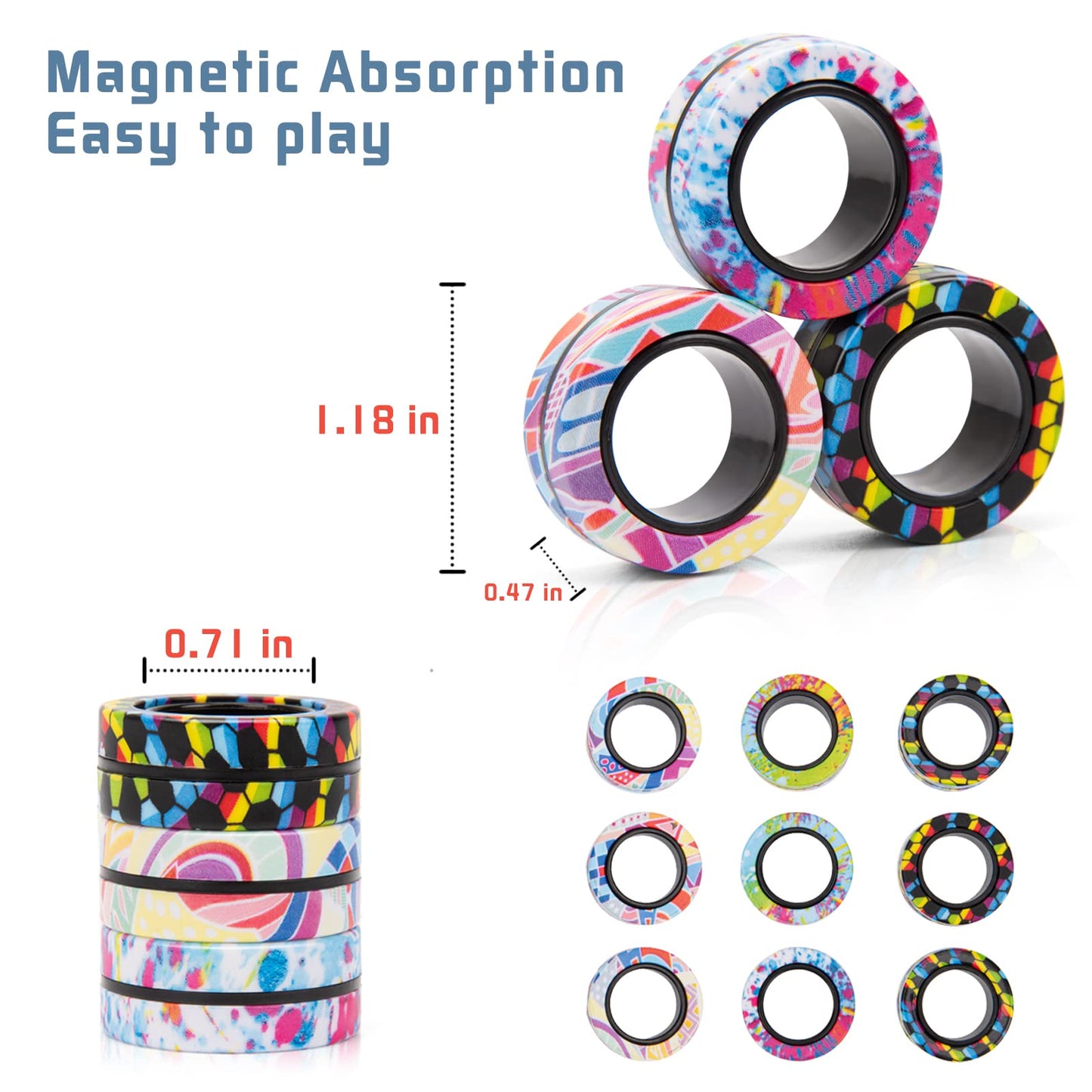 9Pcs Magnetic Rings Fidget Toys Adult Set, Idea ADHD Fidget Stress Toy Pack,Fidget Spinner Rings for Anxiety Relief Therapy Toys for Boy and Girl Ages 8 - 13,Teens Gift Easter Basket Stuffers - FocusAid Essentials: Empowering ADHD Living