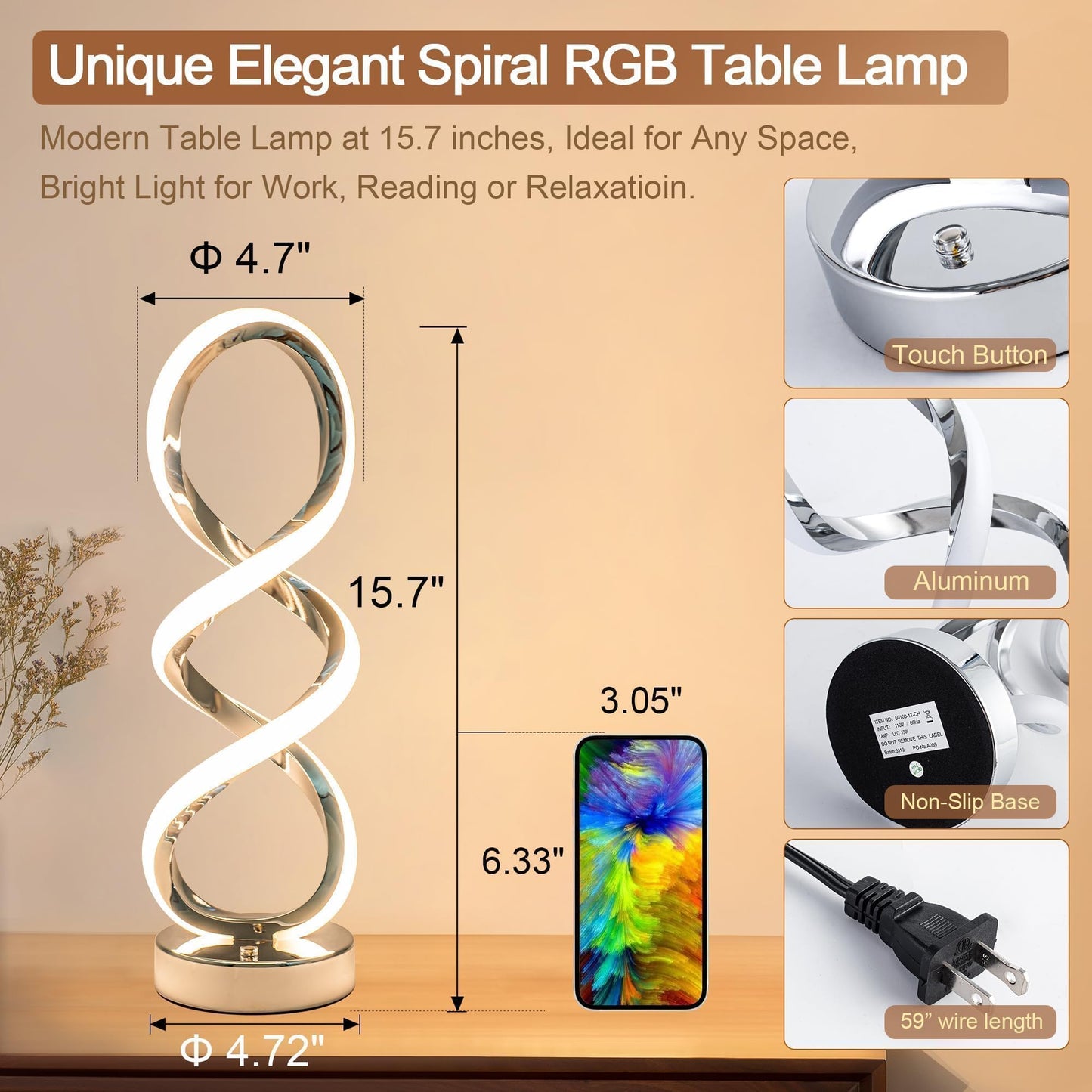 Adebime Modern Spiral RGB Table Lamp, Touch Dimmable Bedside Lamp, 7 Colors 10 Light Modes Spiral Design Table Lamp, Unique Nightstand Lamp for Living Room, Bedroom, Cool Lamps - FocusAid Essentials: Empowering ADHD Living