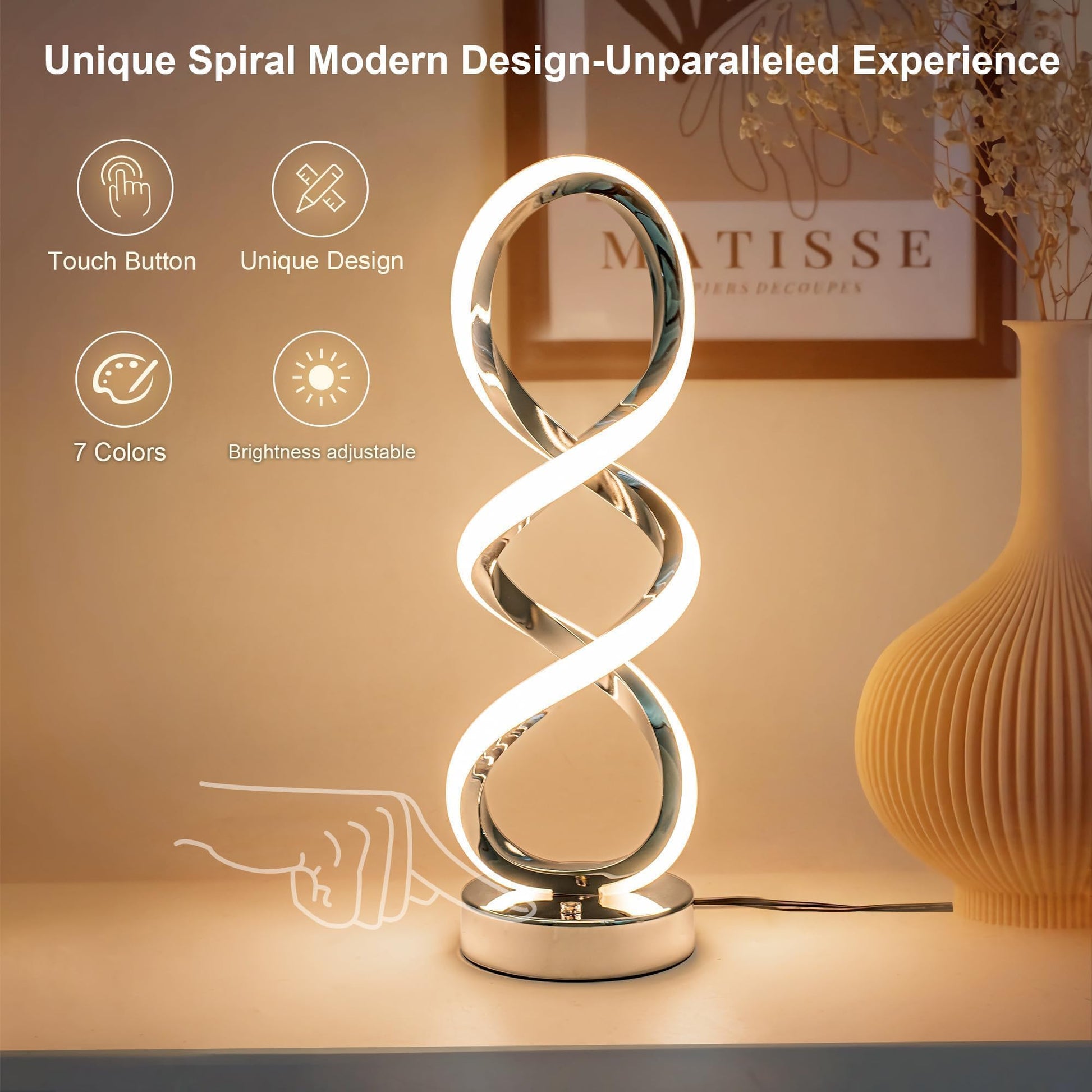 Adebime Modern Spiral RGB Table Lamp, Touch Dimmable Bedside Lamp, 7 Colors 10 Light Modes Spiral Design Table Lamp, Unique Nightstand Lamp for Living Room, Bedroom, Cool Lamps - FocusAid Essentials: Empowering ADHD Living