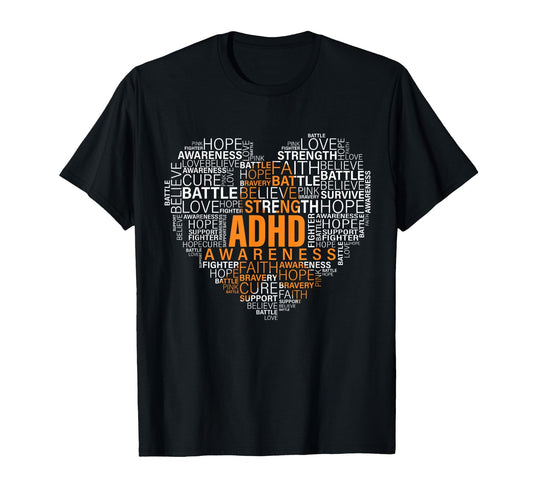 ADHD Word Cloud Heart T-Shirt - FocusAid Essentials: Empowering ADHD Living