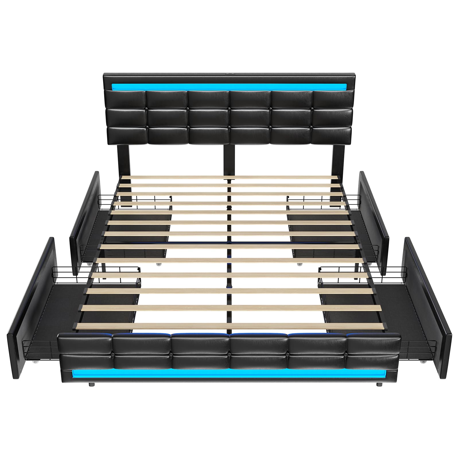 ADORNEVE Queen Bed Frame with LED Lights Leather Platform Bed with Storage Drawers and Charging Station, LED Bed Frame Queen Size with Adjustable Headboard, No Box Spring Needed, Black - FocusAid Essentials: Empowering ADHD Living