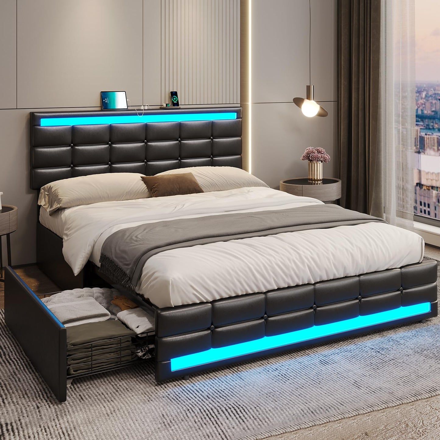 ADORNEVE Queen Bed Frame with LED Lights Leather Platform Bed with Storage Drawers and Charging Station, LED Bed Frame Queen Size with Adjustable Headboard, No Box Spring Needed, Black - FocusAid Essentials: Empowering ADHD Living