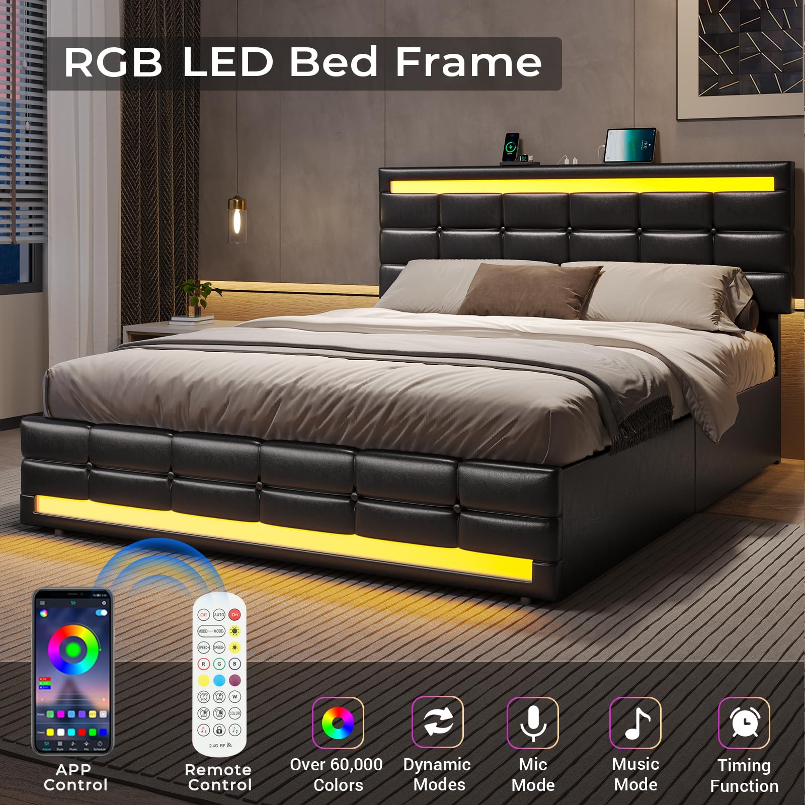 ADORNEVE Queen Bed Frame with LED Lights Leather Platform Bed with Storage Drawers and Charging Station, LED Bed Frame Queen Size with Adjustable Headboard, No Box Spring Needed, Black - FocusAid Essentials: Empowering ADHD Living