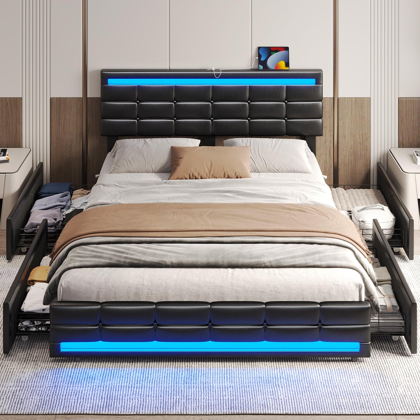 ADORNEVE Queen Bed Frame with LED Lights Leather Platform Bed with Storage Drawers and Charging Station, LED Bed Frame Queen Size with Adjustable Headboard, No Box Spring Needed, Black - FocusAid Essentials: Empowering ADHD Living