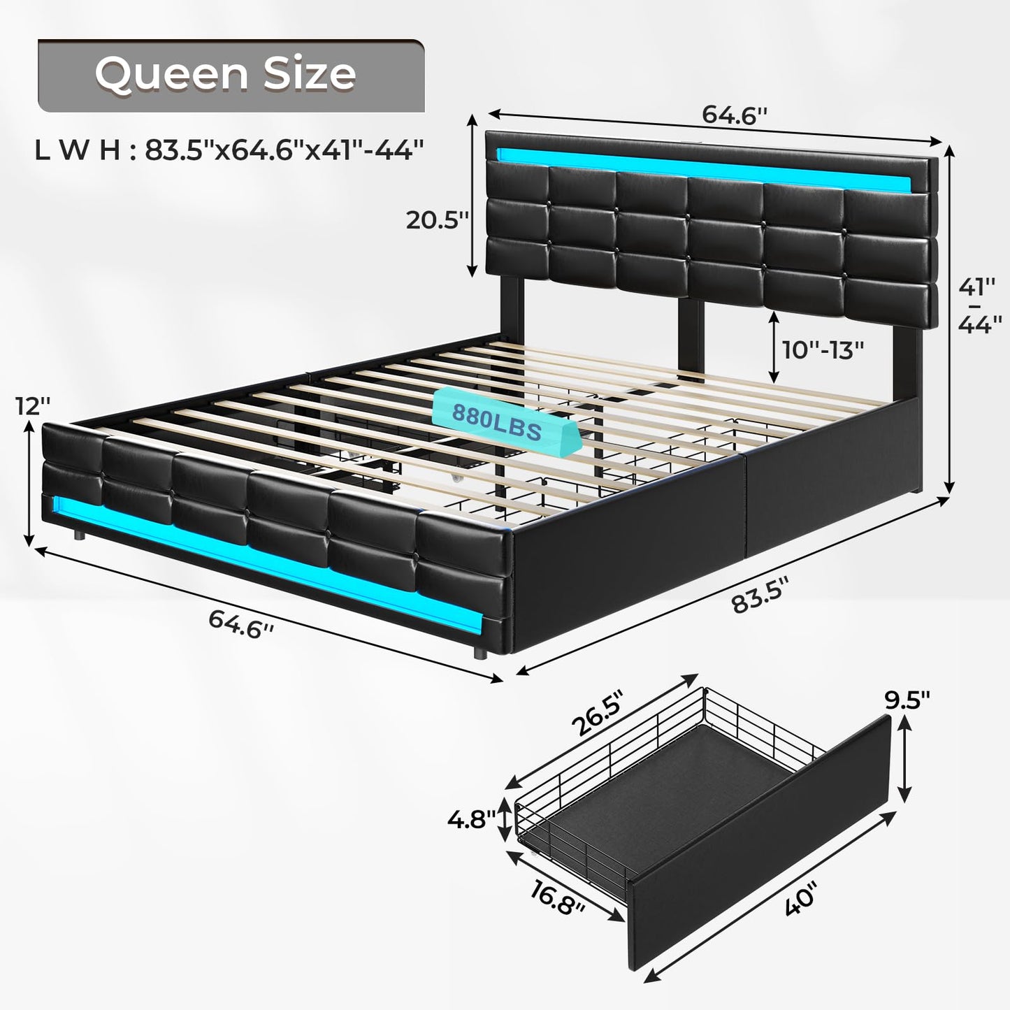 ADORNEVE Queen Bed Frame with LED Lights Leather Platform Bed with Storage Drawers and Charging Station, LED Bed Frame Queen Size with Adjustable Headboard, No Box Spring Needed, Black - FocusAid Essentials: Empowering ADHD Living