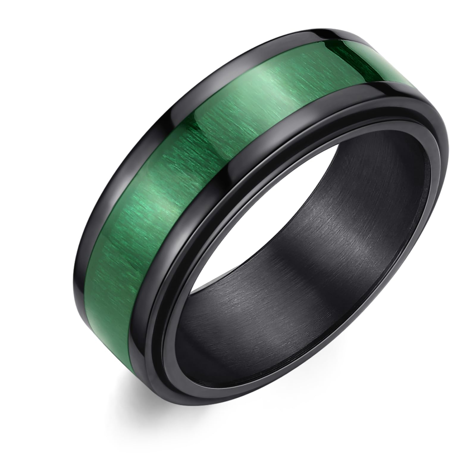 Adreamz 8mm Mens Green Wood Inlay Spinner Ring Nature Wooden Inlaid Black Stainless Steel Wedding Band Mens Anxiety Fidget Relieving Spinning Ring Comfort Fit for Men Women Size 10 - FocusAid Essentials: Empowering ADHD Living