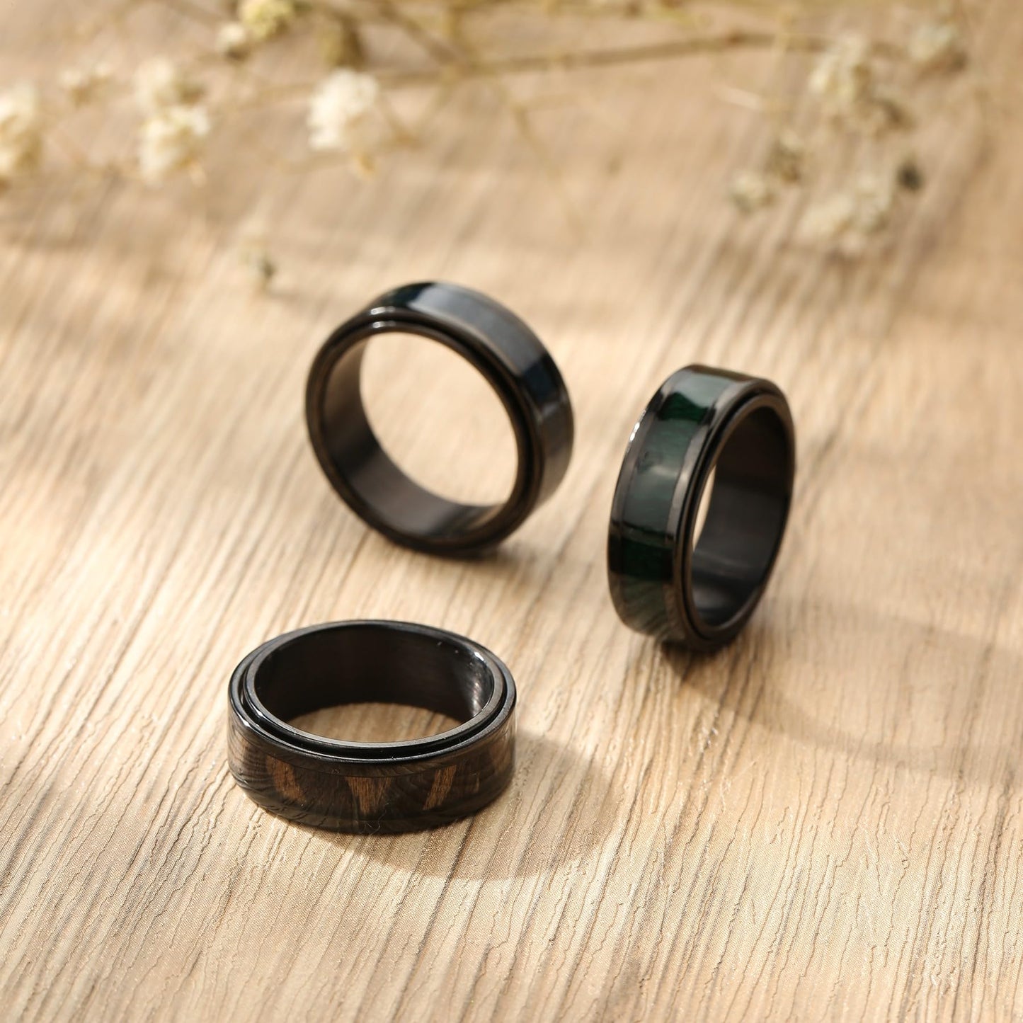 Adreamz 8mm Mens Green Wood Inlay Spinner Ring Nature Wooden Inlaid Black Stainless Steel Wedding Band Mens Anxiety Fidget Relieving Spinning Ring Comfort Fit for Men Women Size 10 - FocusAid Essentials: Empowering ADHD Living