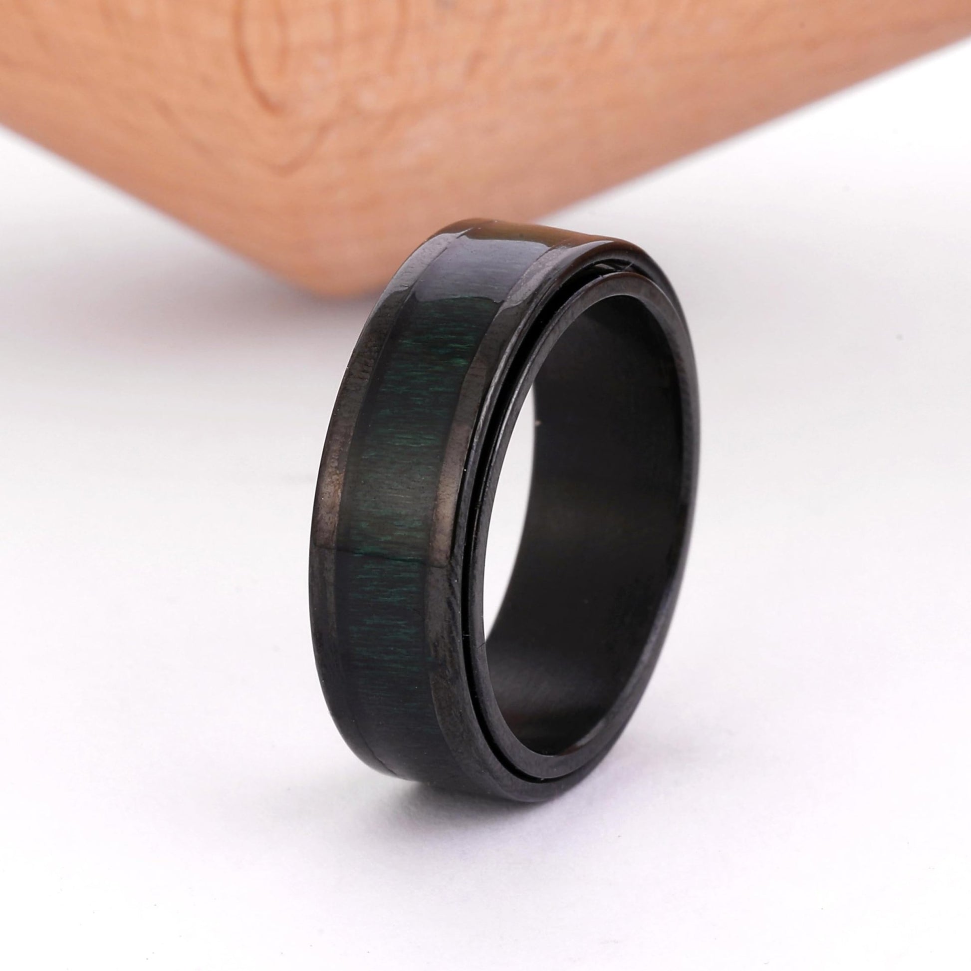 Adreamz 8mm Mens Green Wood Inlay Spinner Ring Nature Wooden Inlaid Black Stainless Steel Wedding Band Mens Anxiety Fidget Relieving Spinning Ring Comfort Fit for Men Women Size 10 - FocusAid Essentials: Empowering ADHD Living