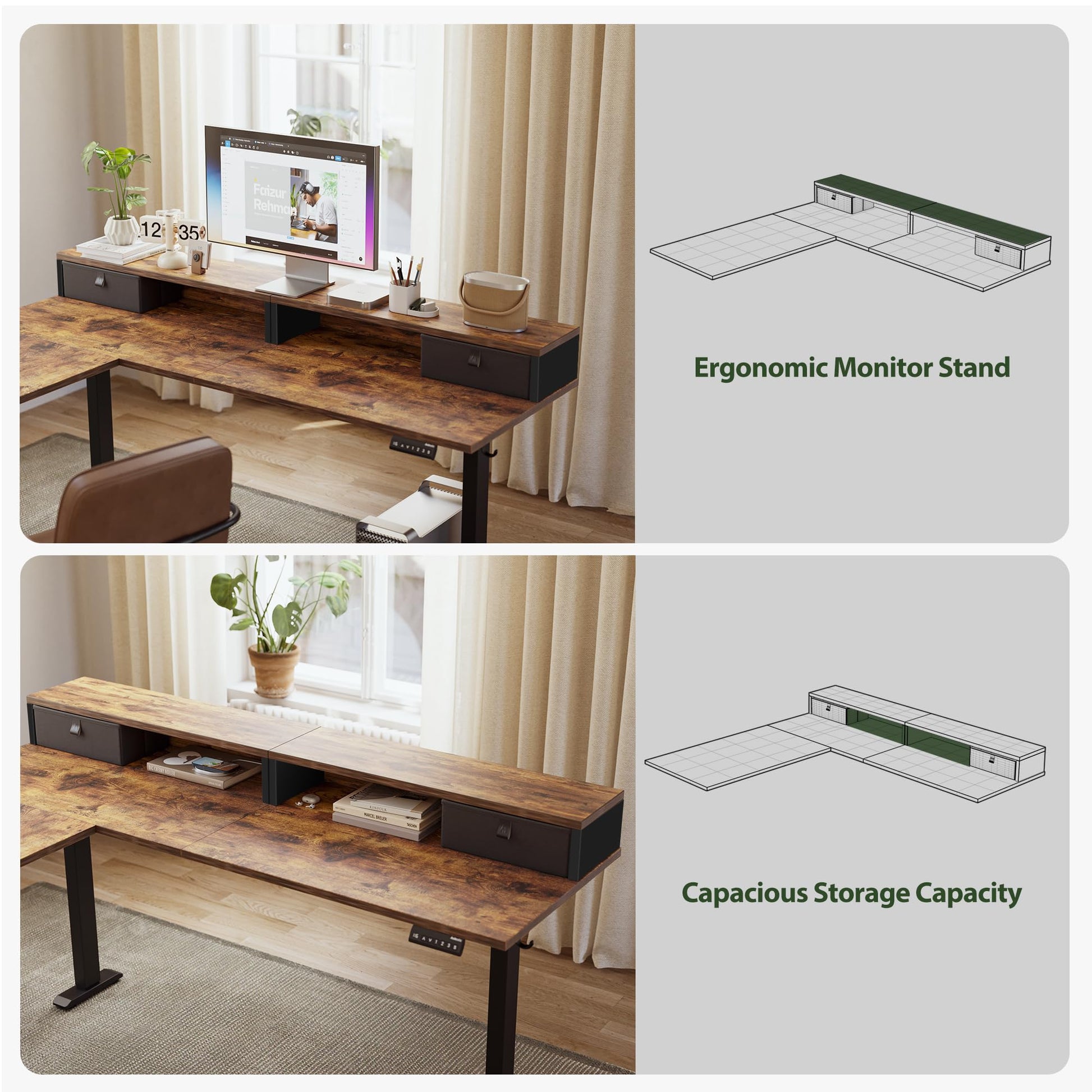 Agilestic L Shaped Electric Standing Desk with 2 Drawers, 63 Inch Ergonomic Adjustable Height Desk with Storage, Corner Desk Sit Stand up Computer Table for Work Office Home, Rustic Brown - FocusAid Essentials: Empowering ADHD Living