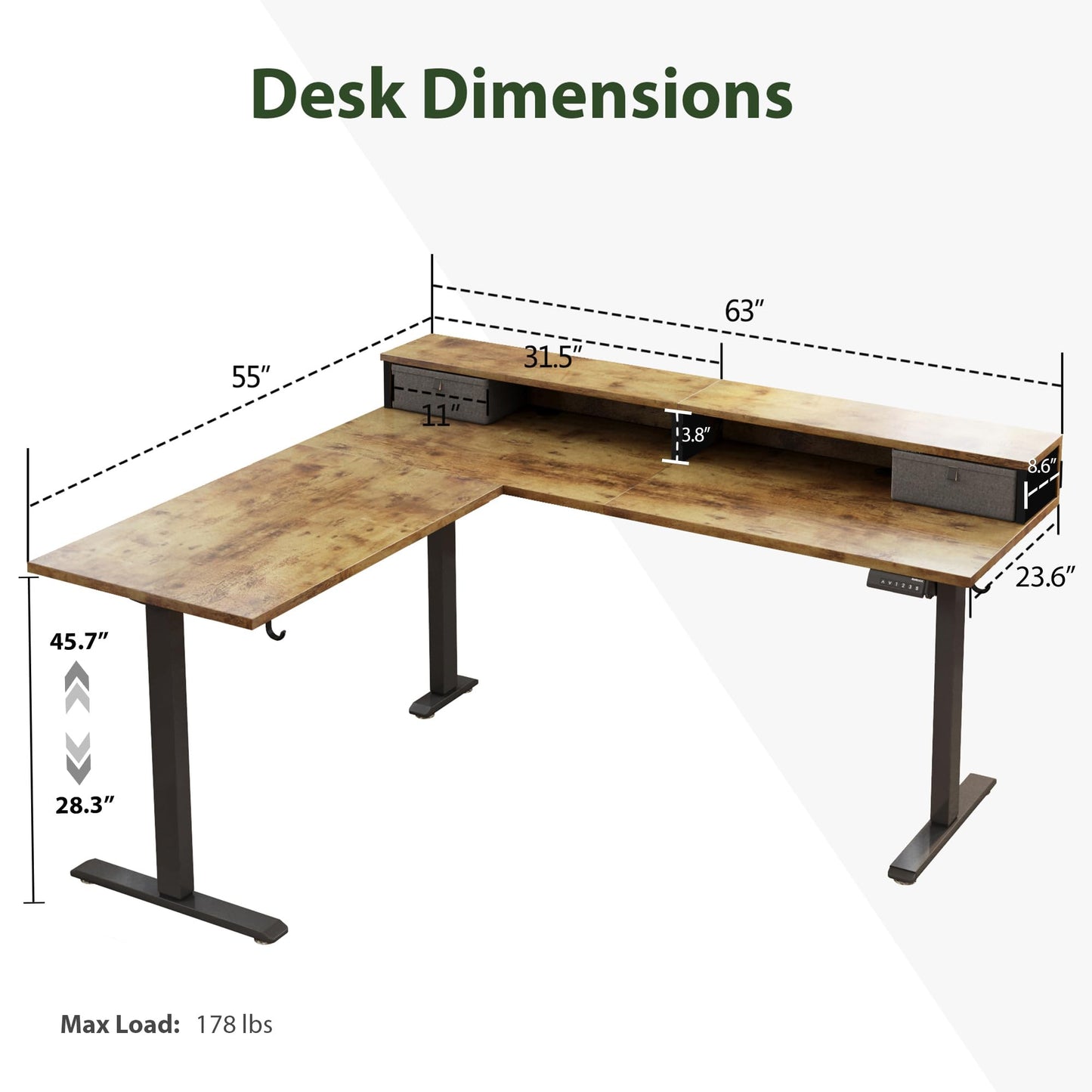 Agilestic L Shaped Electric Standing Desk with 2 Drawers, 63 Inch Ergonomic Adjustable Height Desk with Storage, Corner Desk Sit Stand up Computer Table for Work Office Home, Rustic Brown - FocusAid Essentials: Empowering ADHD Living