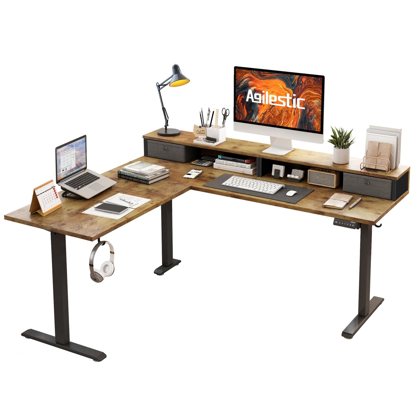 Agilestic L Shaped Electric Standing Desk with 2 Drawers, 63 Inch Ergonomic Adjustable Height Desk with Storage, Corner Desk Sit Stand up Computer Table for Work Office Home, Rustic Brown - FocusAid Essentials: Empowering ADHD Living