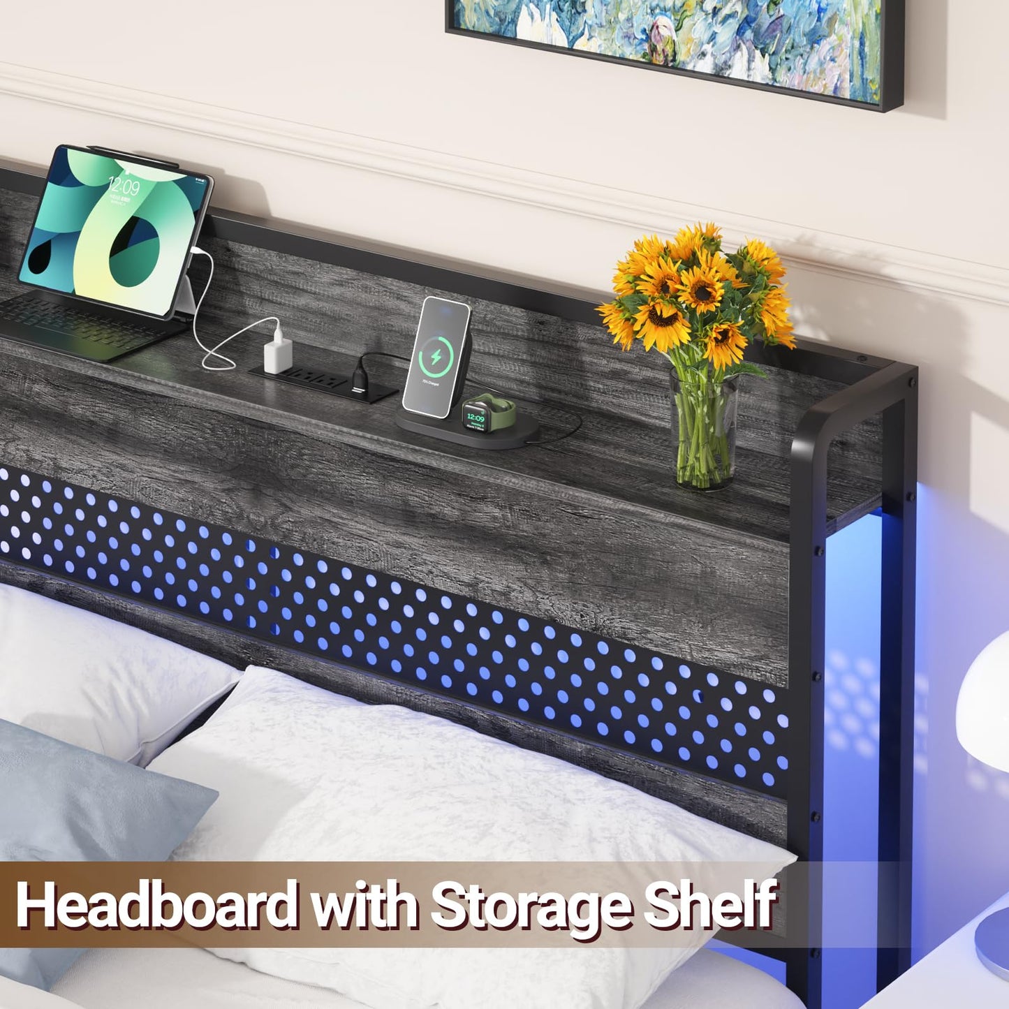 Aheaplus Headboard for Full Size Bed with USB Ports, Outlets and LED Lights, Full Headboard with Storage Shelf, Sturdy Metal Frame, Height Adjustable, Bed Frame Mount, Grey Oak - FocusAid Essentials: Empowering ADHD Living