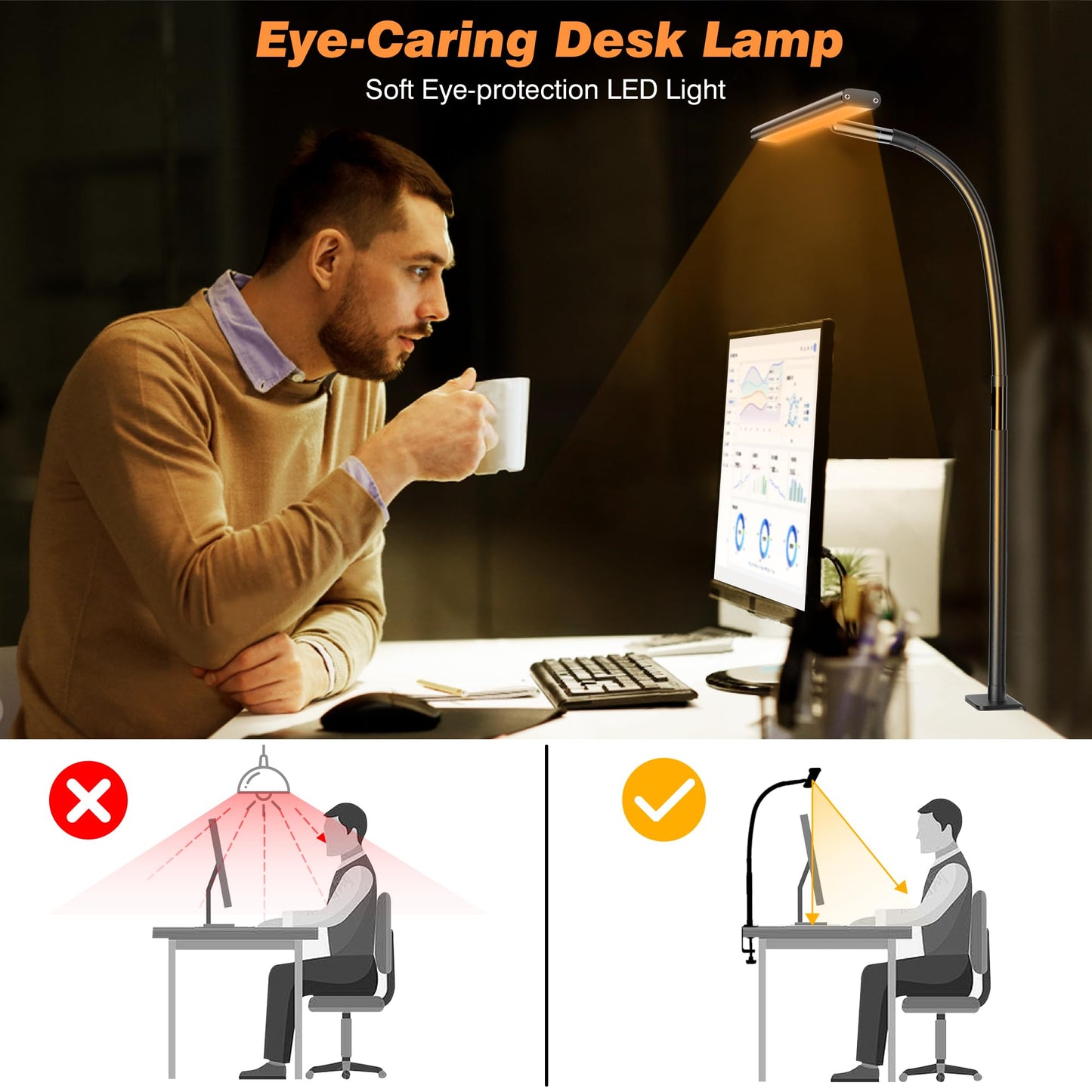 Airlonv LED Desk Lamp for Office Home, Eye - Caring Desk Light with Stepless Dimming Adjustable Flexible Gooseneck, 10W USB Adapter Desk Lamp with Clamp for Reading, Study, Workbench (Black) - FocusAid Essentials: Empowering ADHD Living