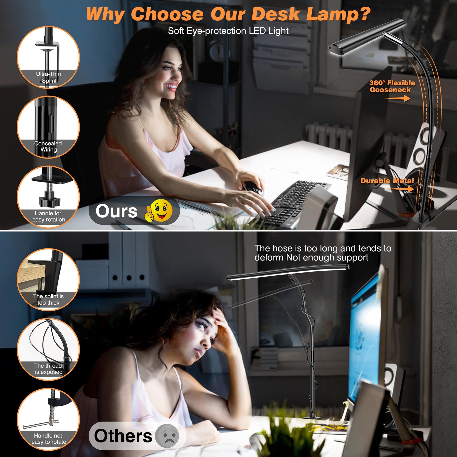 Airlonv LED Desk Lamp for Office Home, Eye - Caring Desk Light with Stepless Dimming Adjustable Flexible Gooseneck, 10W USB Adapter Desk Lamp with Clamp for Reading, Study, Workbench (Black) - FocusAid Essentials: Empowering ADHD Living