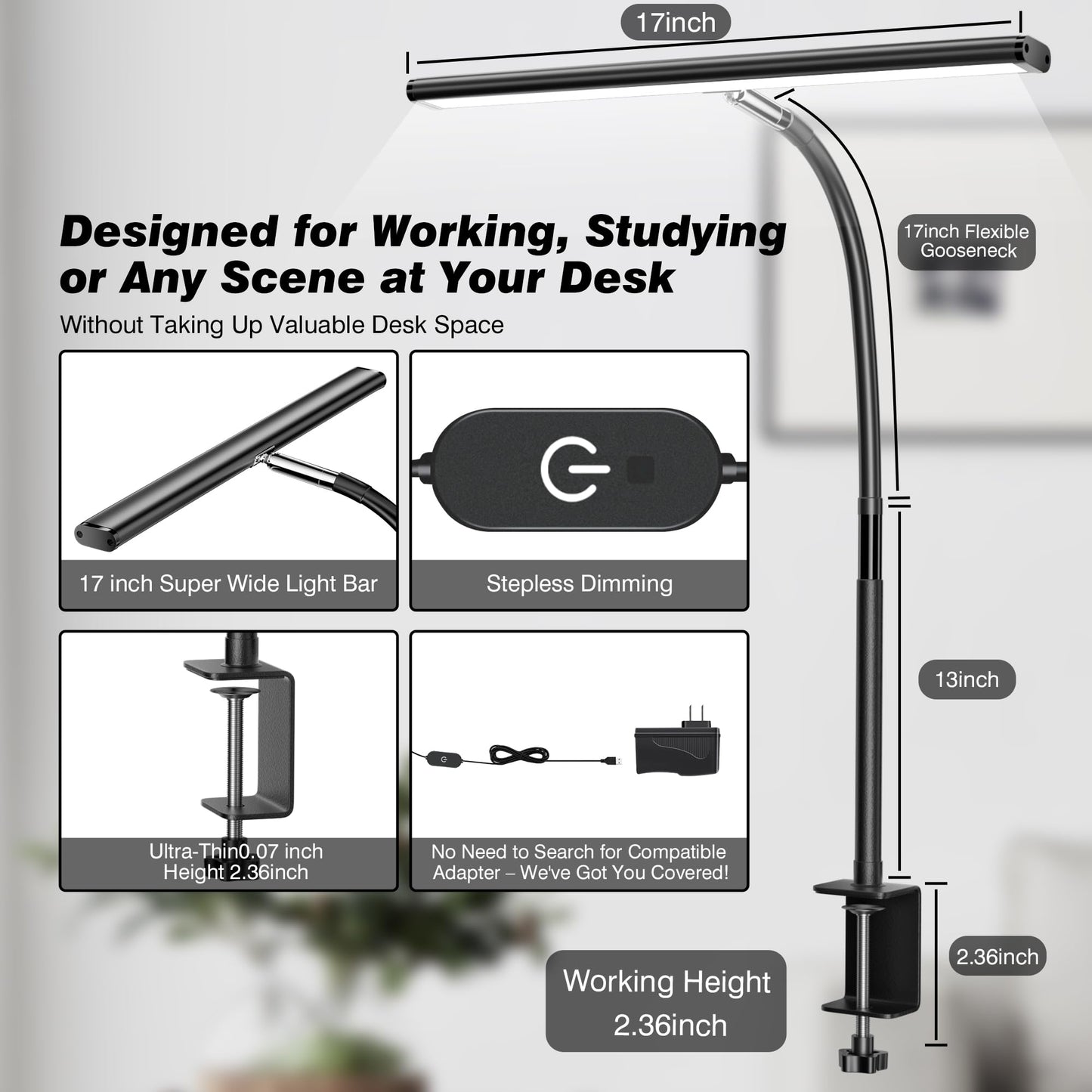 Airlonv LED Desk Lamp for Office Home, Eye - Caring Desk Light with Stepless Dimming Adjustable Flexible Gooseneck, 10W USB Adapter Desk Lamp with Clamp for Reading, Study, Workbench (Black) - FocusAid Essentials: Empowering ADHD Living