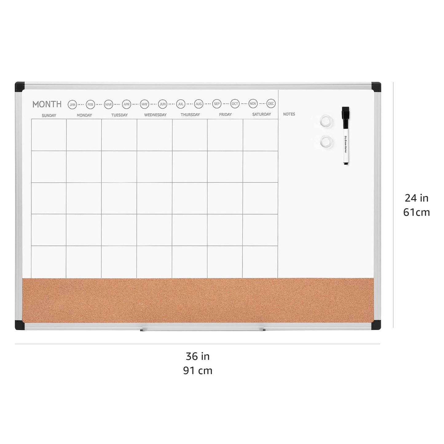 Amazon Basics 24" x 36" Monthly Whiteboard Calendar with Cork Board, Wall Mounted, Easy to Install, Silver Aluminum Frame - FocusAid Essentials: Empowering ADHD Living