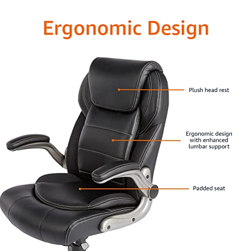 Amazon Basics Ergonomic Office Chair, High - Back Bonded Leather with Flip - Up Arms and Lumbar Support, Black, 29.5"D x 27.5"W x 44.75"H - FocusAid Essentials: Empowering ADHD Living