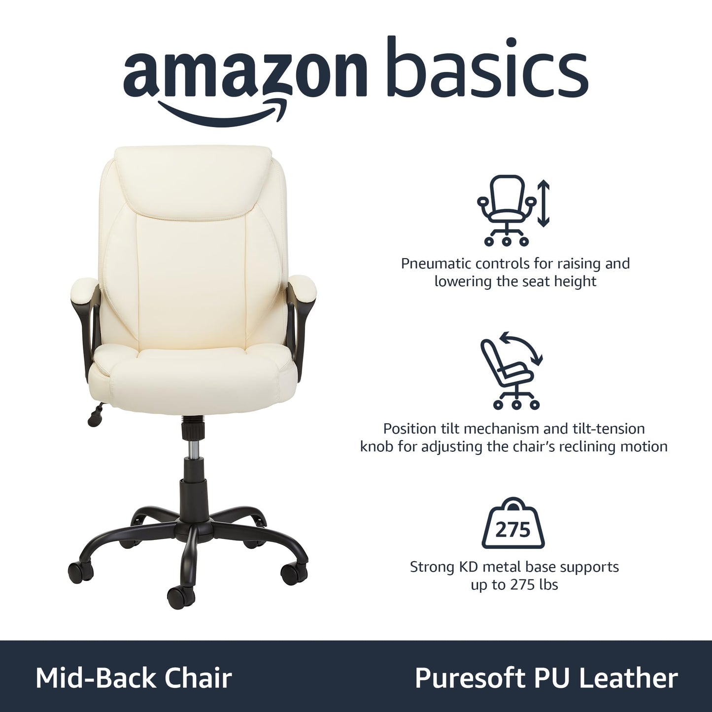 AmazonBasics Classic Puresoft PU - Padded Mid - Back Office Computer Desk Chair with Armrest - Cream - FocusAid Essentials: Empowering ADHD Living