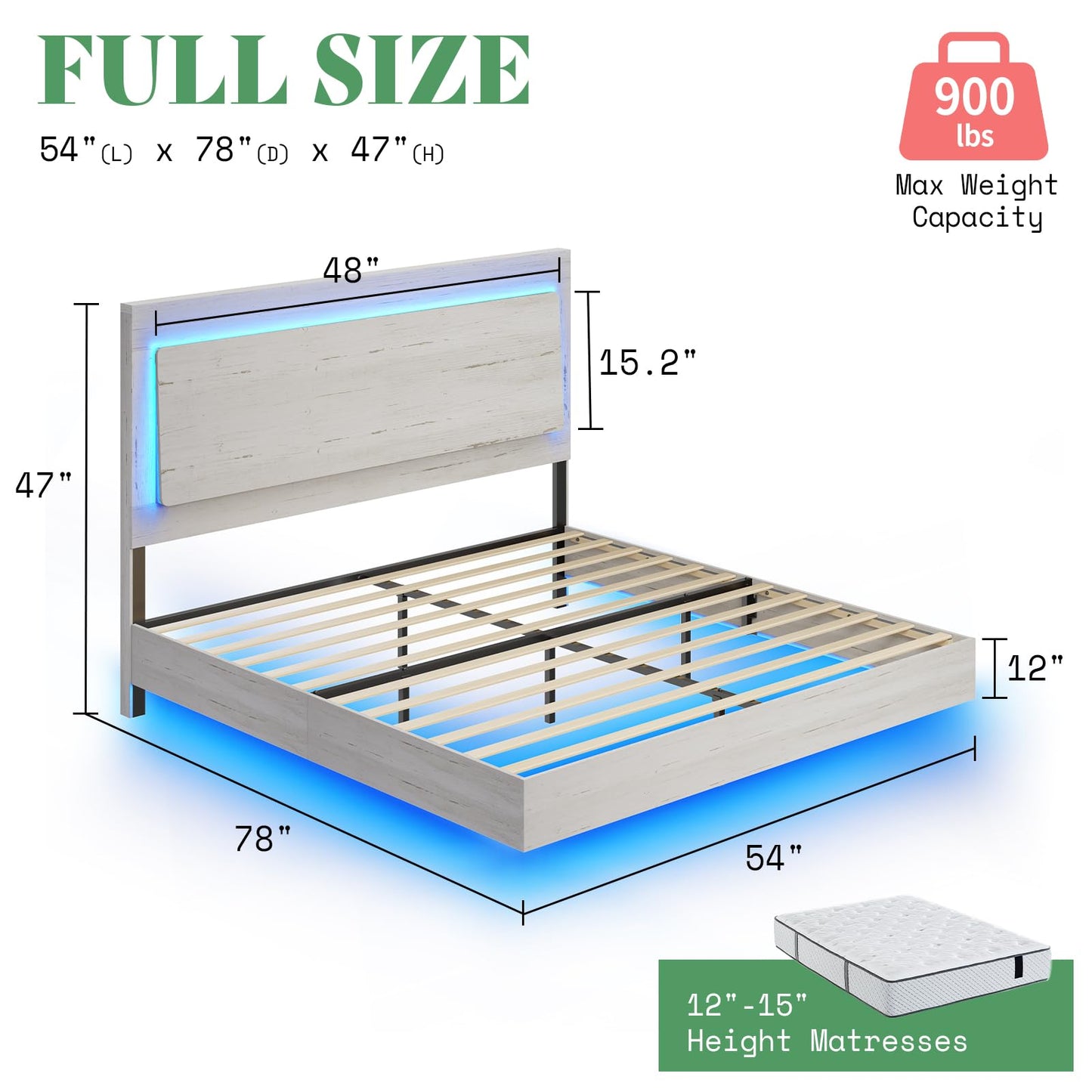 AMERLIFE Full Bed Frame, Farmhouse Floating Bed Frame with Recline Headboard, Platform Bed with LED Light, No Box Spring Needed/Noise Free, Distressed White - FocusAid Essentials: Empowering ADHD Living