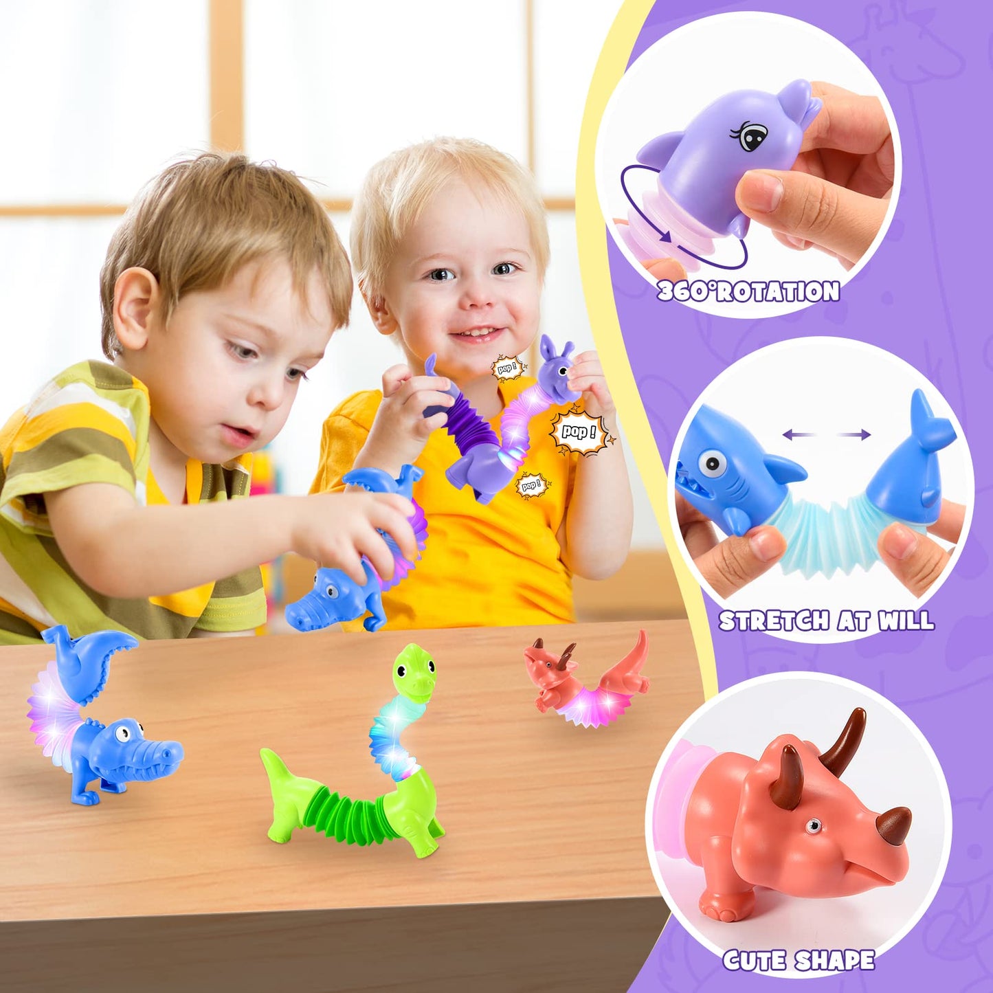 Animals Christmas Fidget Toys for Toddlers: 6 Pack LED Animal Pop Tubes for Kids 2 3 4 5 6 7 Year Old Girls Boys Birthday Gifts Autism Sensory Toy for Kid Age 3 - 5 Tube Light Up Party Favors - FocusAid Essentials: Empowering ADHD Living