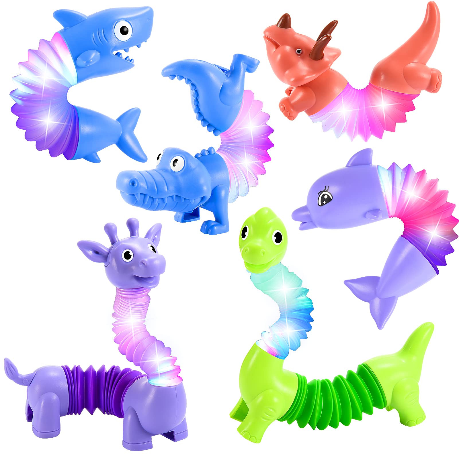 Animals Christmas Fidget Toys for Toddlers: 6 Pack LED Animal Pop Tubes for Kids 2 3 4 5 6 7 Year Old Girls Boys Birthday Gifts Autism Sensory Toy for Kid Age 3 - 5 Tube Light Up Party Favors - FocusAid Essentials: Empowering ADHD Living