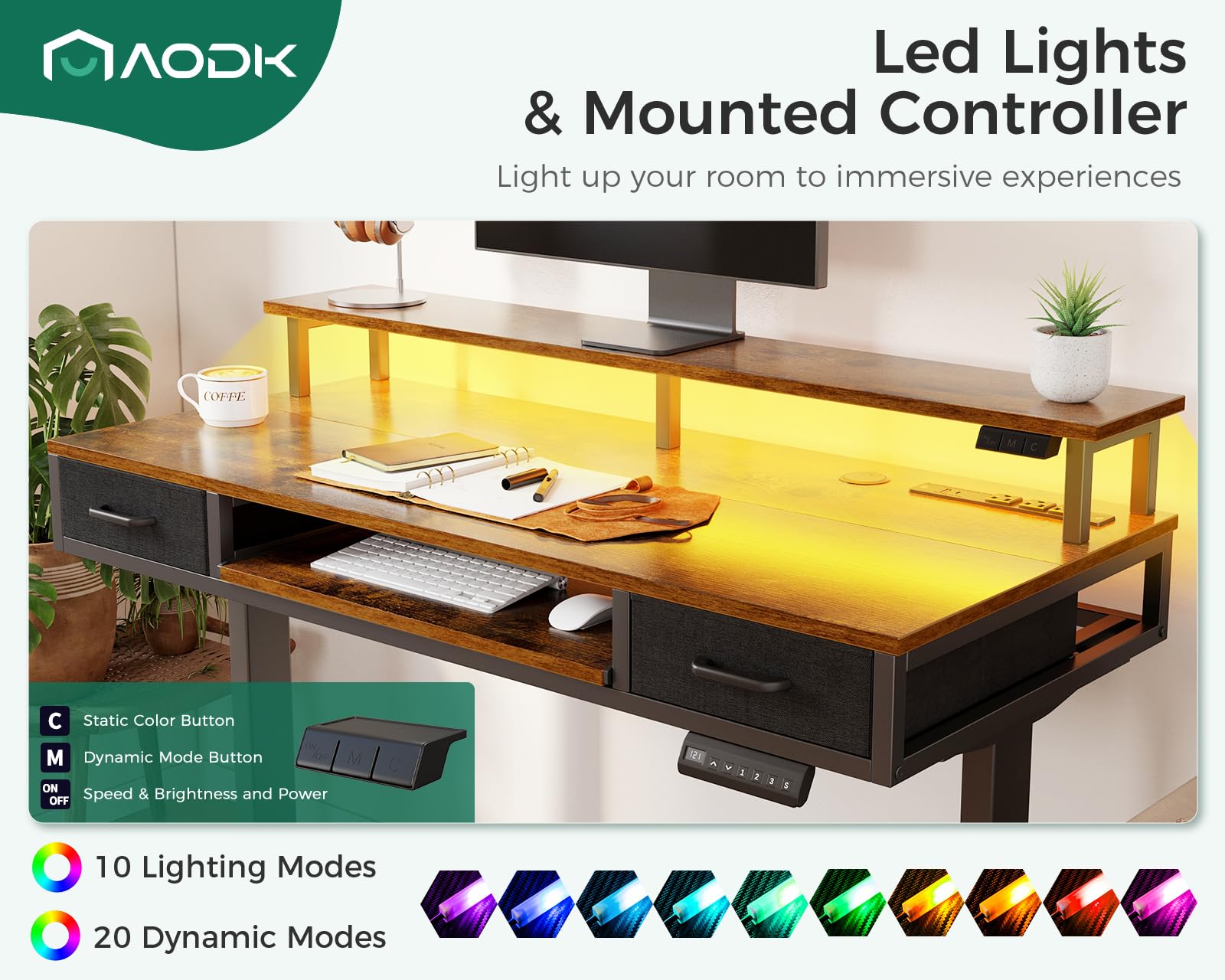 AODK Electric Standing Desk with Drawers & Keyboard Tray, 47 Inch Height Adjustable Small Gaming Desk with Power Outlets & LED Lights, Sit Stand Table with Monitor Stand for Home, Office, Rustic Brown - FocusAid Essentials: Empowering ADHD Living