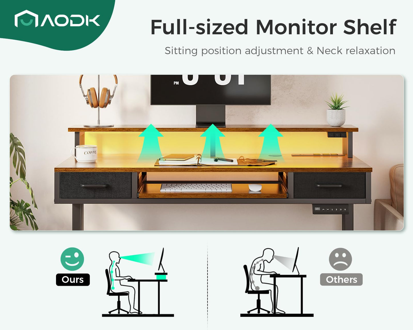 AODK Electric Standing Desk with Drawers & Keyboard Tray, 47 Inch Height Adjustable Small Gaming Desk with Power Outlets & LED Lights, Sit Stand Table with Monitor Stand for Home, Office, Rustic Brown - FocusAid Essentials: Empowering ADHD Living