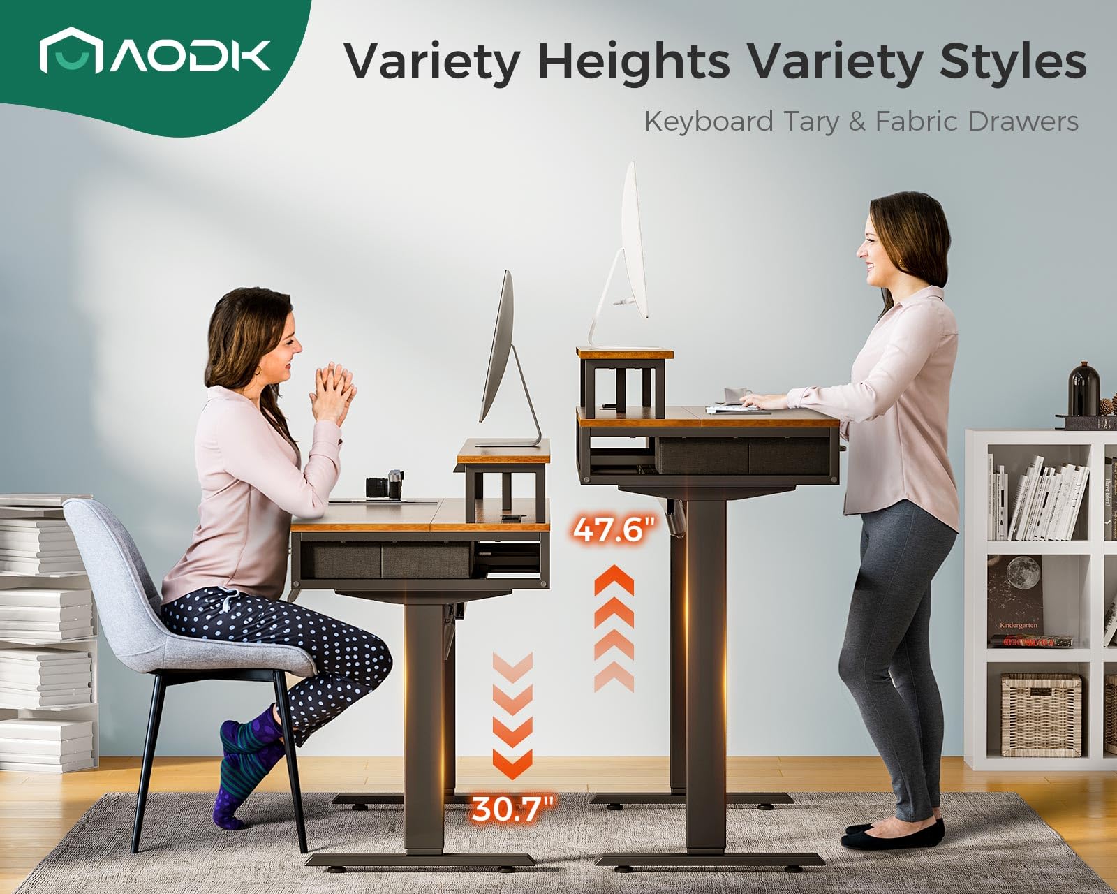 AODK Electric Standing Desk with Drawers & Keyboard Tray, 47 Inch Height Adjustable Small Gaming Desk with Power Outlets & LED Lights, Sit Stand Table with Monitor Stand for Home, Office, Rustic Brown - FocusAid Essentials: Empowering ADHD Living