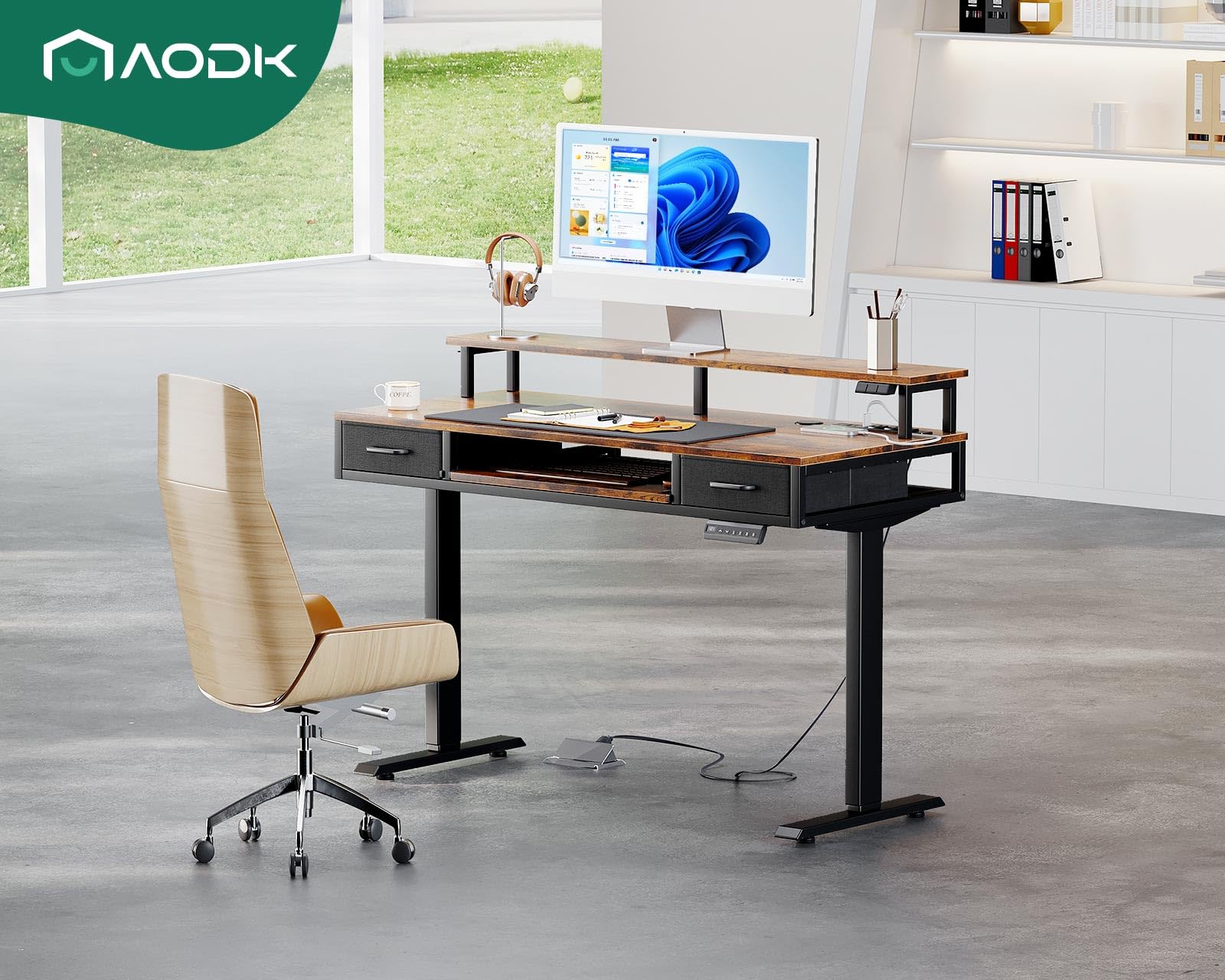 AODK Electric Standing Desk with Drawers & Keyboard Tray, 47 Inch Height Adjustable Small Gaming Desk with Power Outlets & LED Lights, Sit Stand Table with Monitor Stand for Home, Office, Rustic Brown - FocusAid Essentials: Empowering ADHD Living