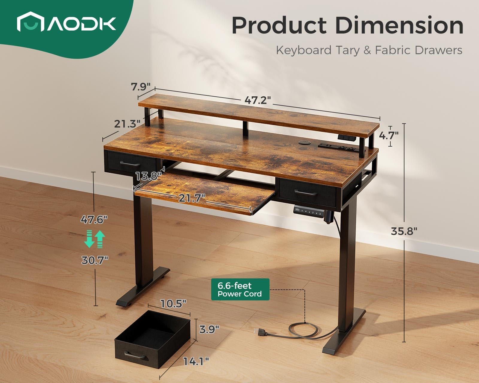 AODK Electric Standing Desk with Drawers & Keyboard Tray, 47 Inch Height Adjustable Small Gaming Desk with Power Outlets & LED Lights, Sit Stand Table with Monitor Stand for Home, Office, Rustic Brown - FocusAid Essentials: Empowering ADHD Living