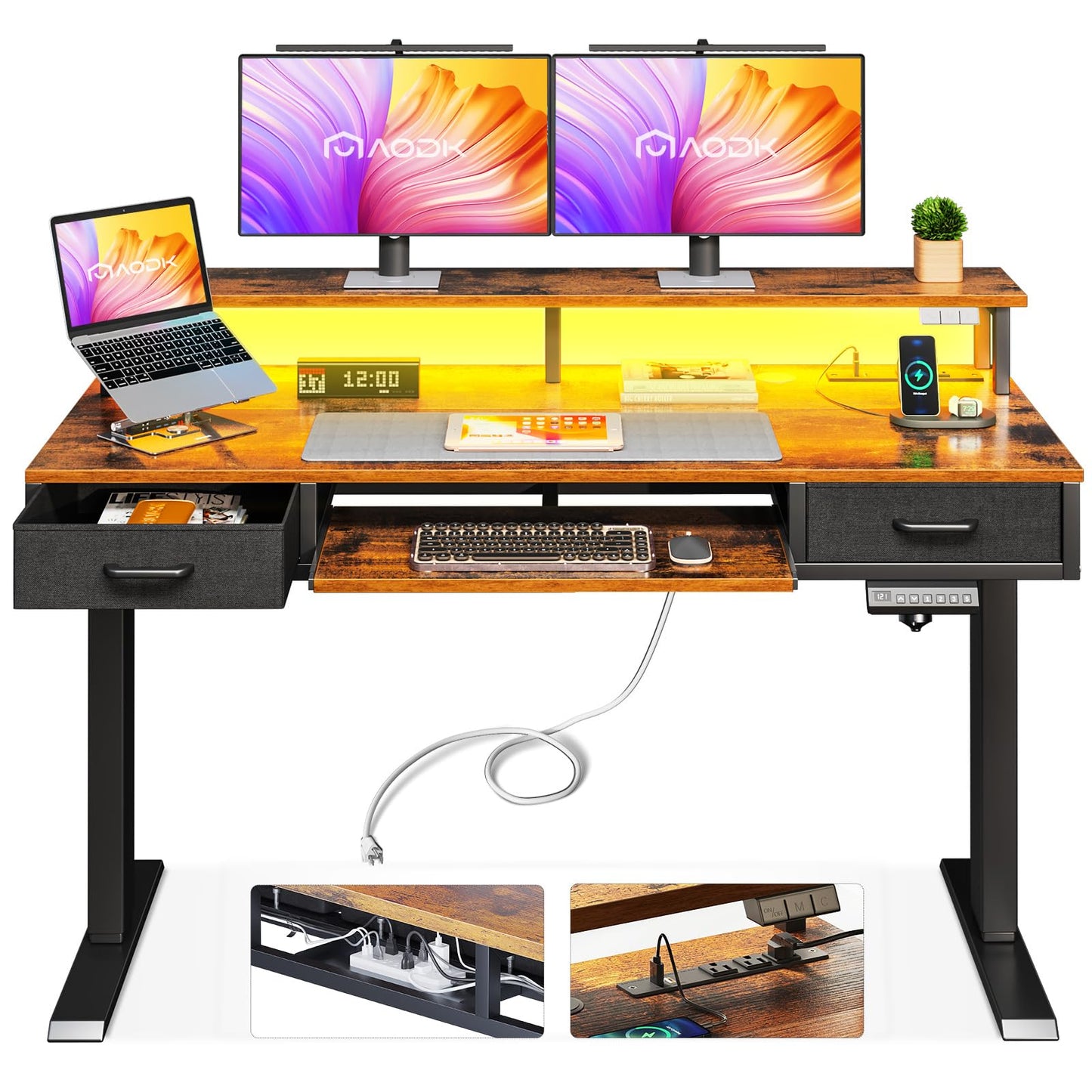 AODK Electric Standing Desk with Drawers & Keyboard Tray, 47 Inch Height Adjustable Small Gaming Desk with Power Outlets & LED Lights, Sit Stand Table with Monitor Stand for Home, Office, Rustic Brown - FocusAid Essentials: Empowering ADHD Living