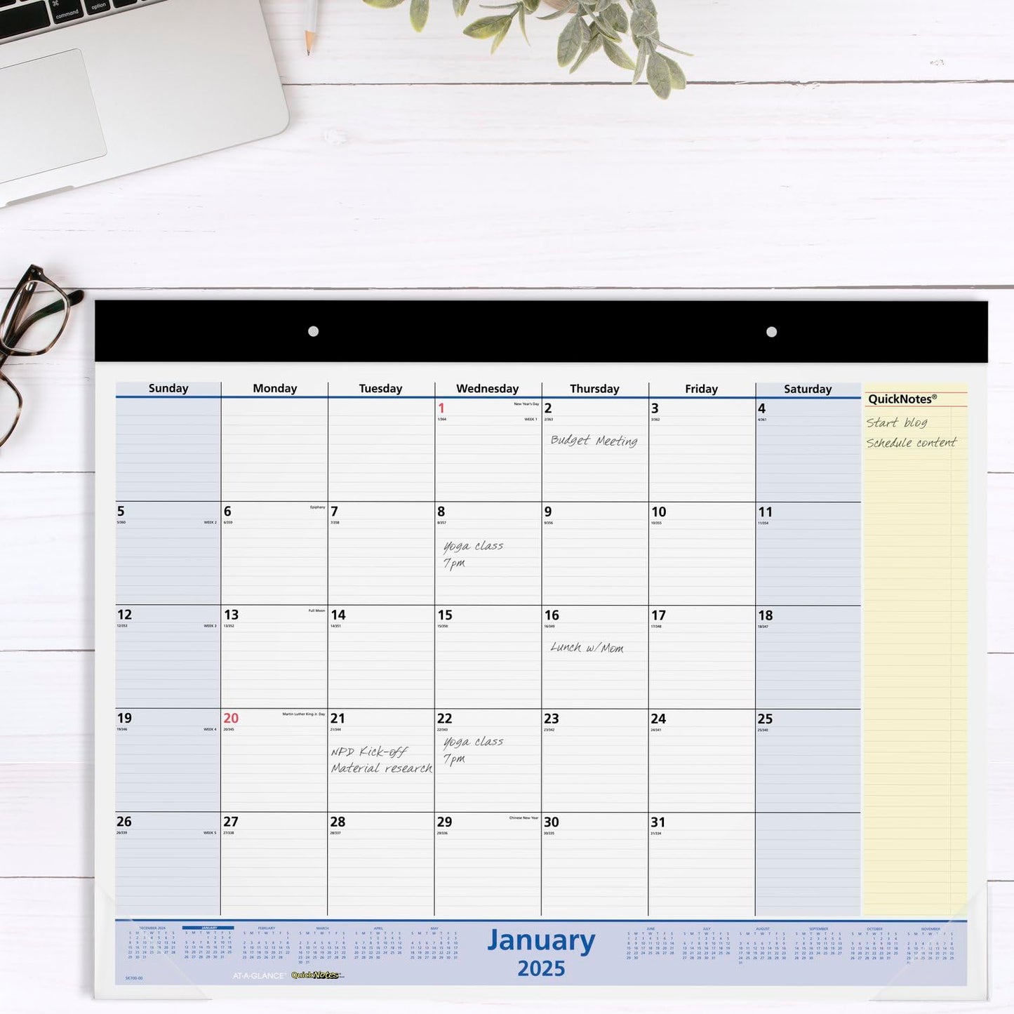 AT - A - GLANCE 2025 Desk Calendar, Monthly, Desk Pad, 22" x 17", Standard, QuickNotes (SK7000025) - FocusAid Essentials: Empowering ADHD Living