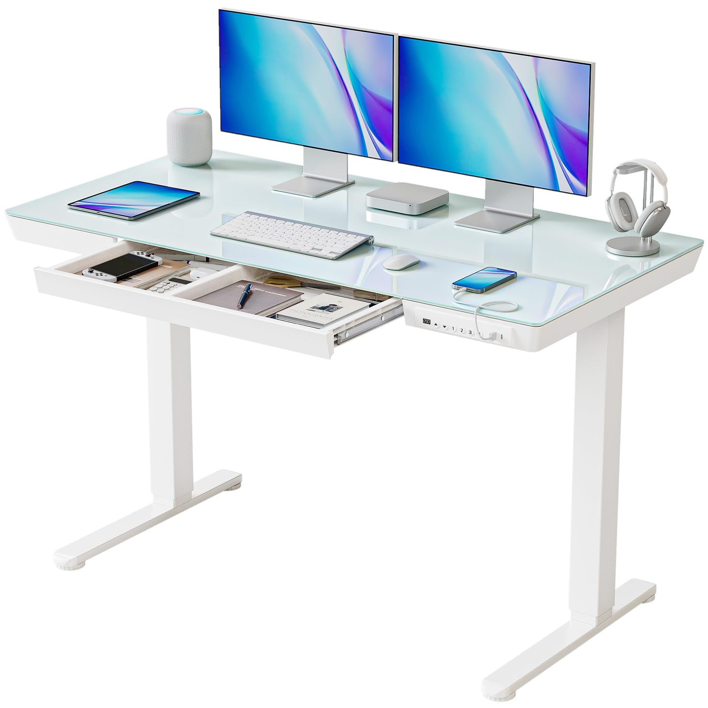 BANTI Electric Standing Desk with Drawers, 48 inch Whole - Piece Glass Desktop, Height Adjustable Stand up Sit Stand Home Office Ergonomic Workstation, White Tabletop - FocusAid Essentials: Empowering ADHD Living