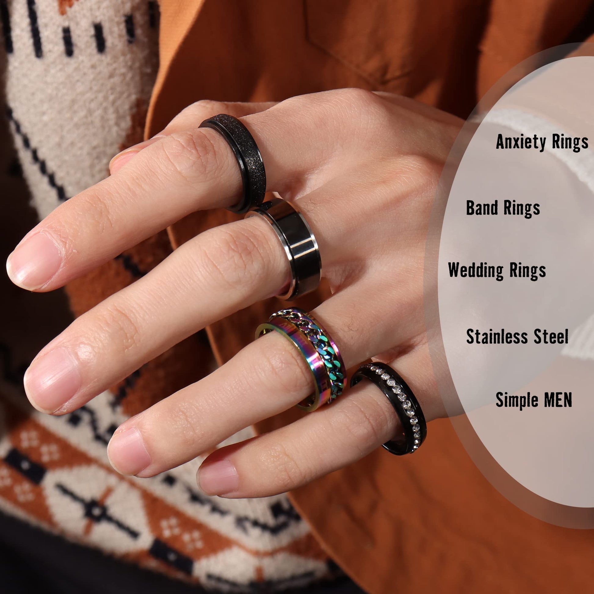 Besteel 16Pcs Stainless Steel Band Rings for Men Women Fidget Anxiety Relief Rings Cool Chain Beveled Edges Celtic Black Band Spinner Rings Set for Wedding Promise Mens Rings Pack - FocusAid Essentials: Empowering ADHD Living