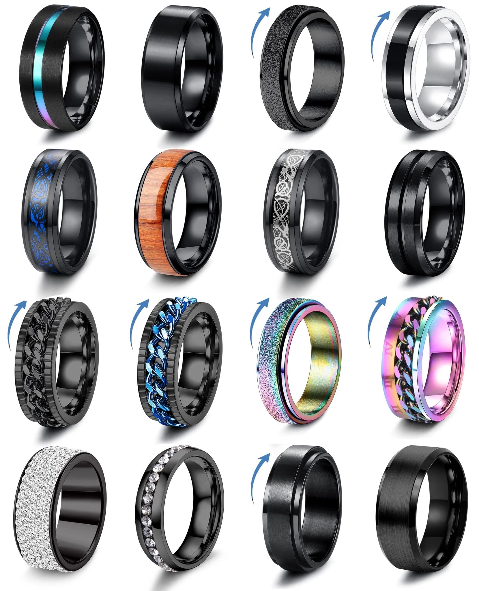 Besteel 16Pcs Stainless Steel Band Rings for Men Women Fidget Anxiety Relief Rings Cool Chain Beveled Edges Celtic Black Band Spinner Rings Set for Wedding Promise Mens Rings Pack - FocusAid Essentials: Empowering ADHD Living